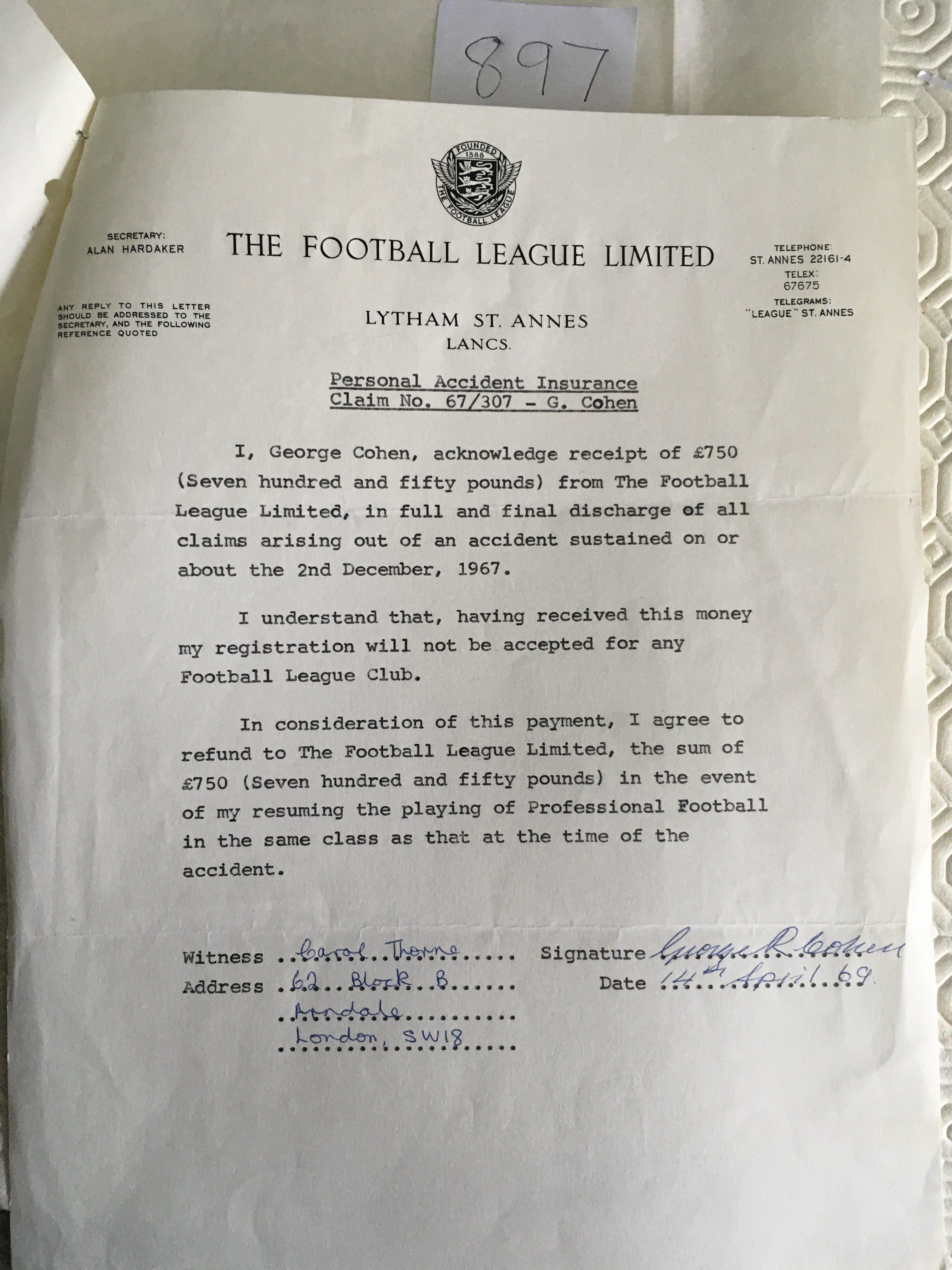 George Cohen Fulham Signed Football League Letter: Interesting letters regarding the injury the World Cup winner received in 1967 playing for Fulham which ended his career. First letter is from Fulham stating they have received 20,000 pounds from the Football League. Second letter is from George Cohen and signed by him regarding a pay off of 750 pounds. Both amounts to be paid back if Cohen manages to resume his career. (2)