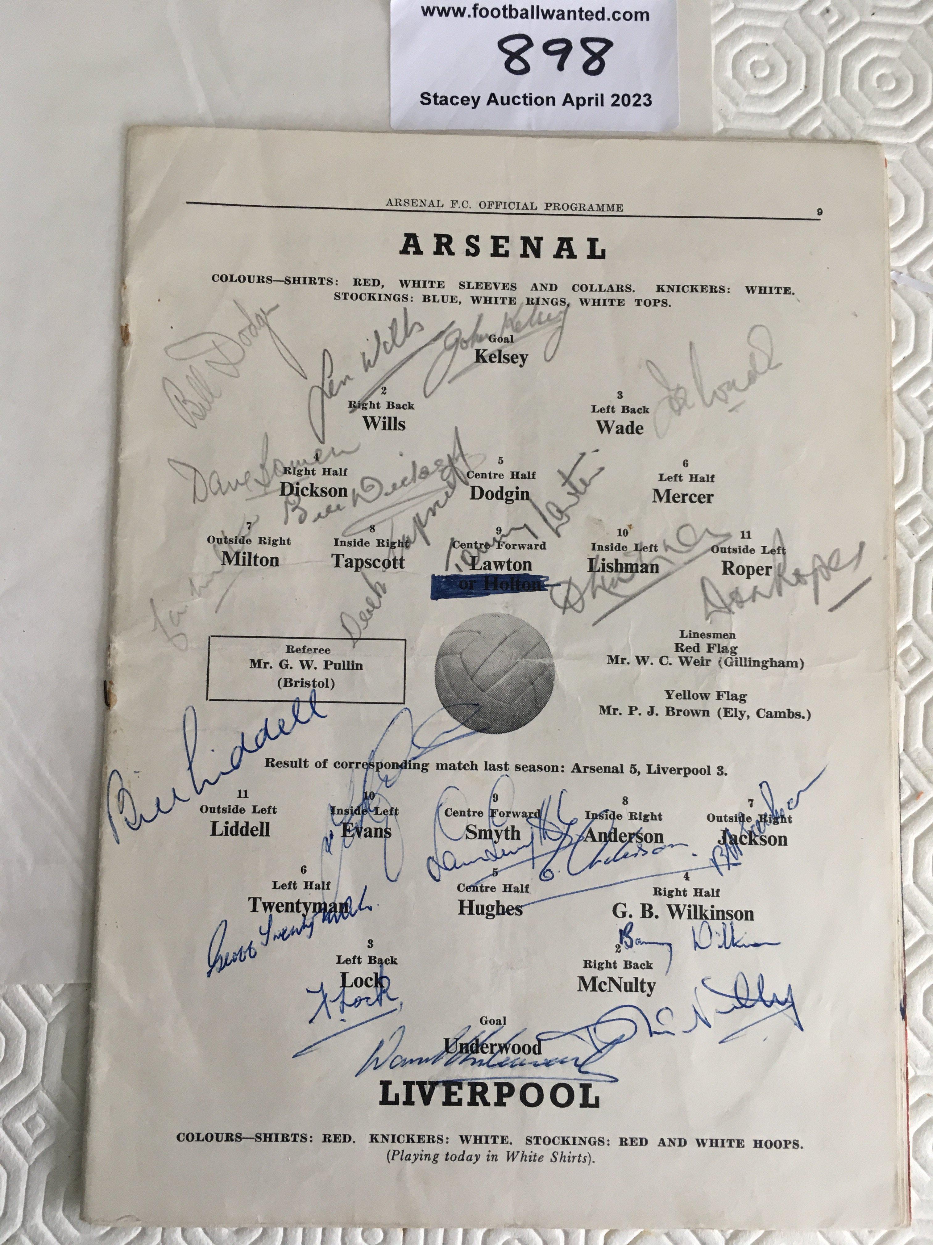 53/54 Arsenal v Liverpool Signed Football Programme: Signed to team page by 10 players from each team.