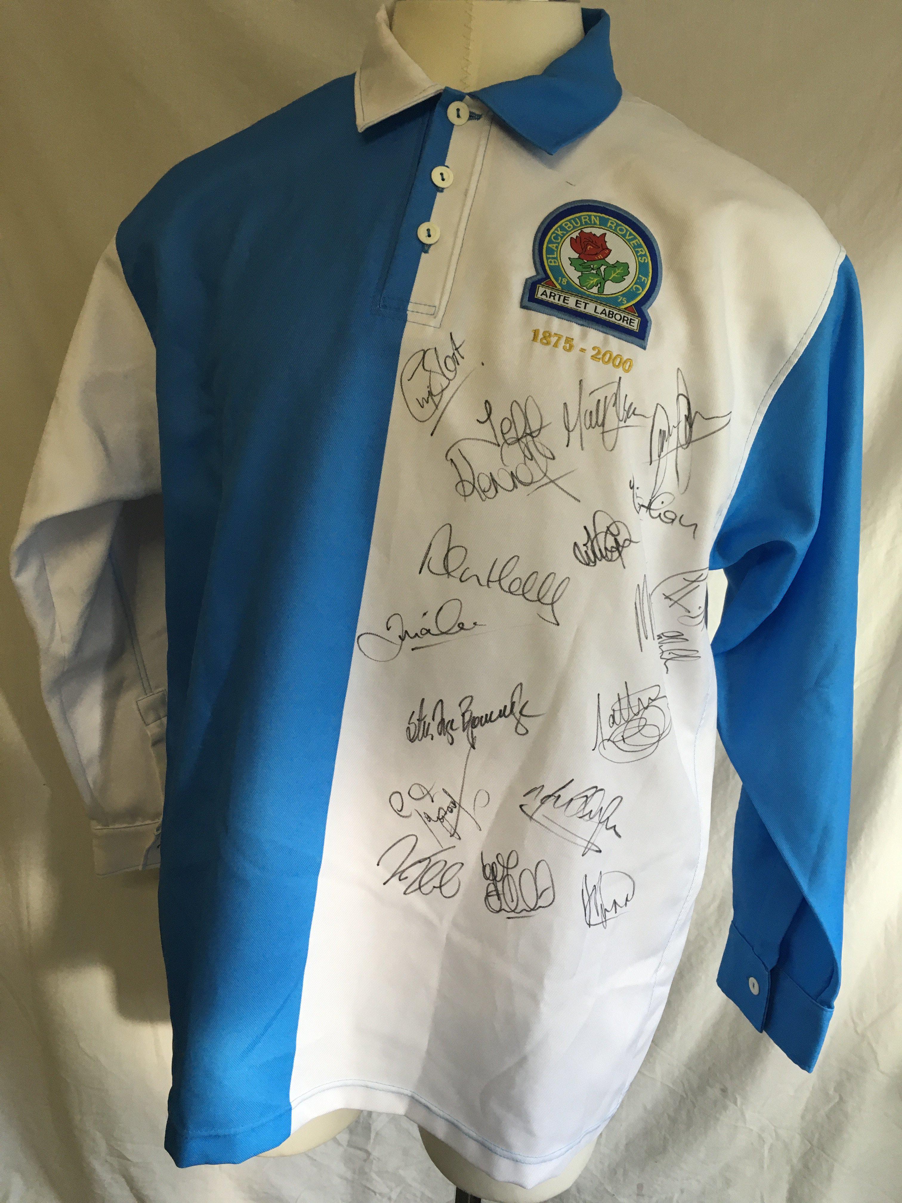 2000/2001 Blackburn 125th Anniversary Match Worn Football Shirt: Worn by Byornebye v Wolves who gave shirt directly to vendor. The white side of the very rare shirt is signed by 18 players including himself. Only ever worn once. Red number 3 to rear and with special permission no name, maker, sponsor or Premier League patches.