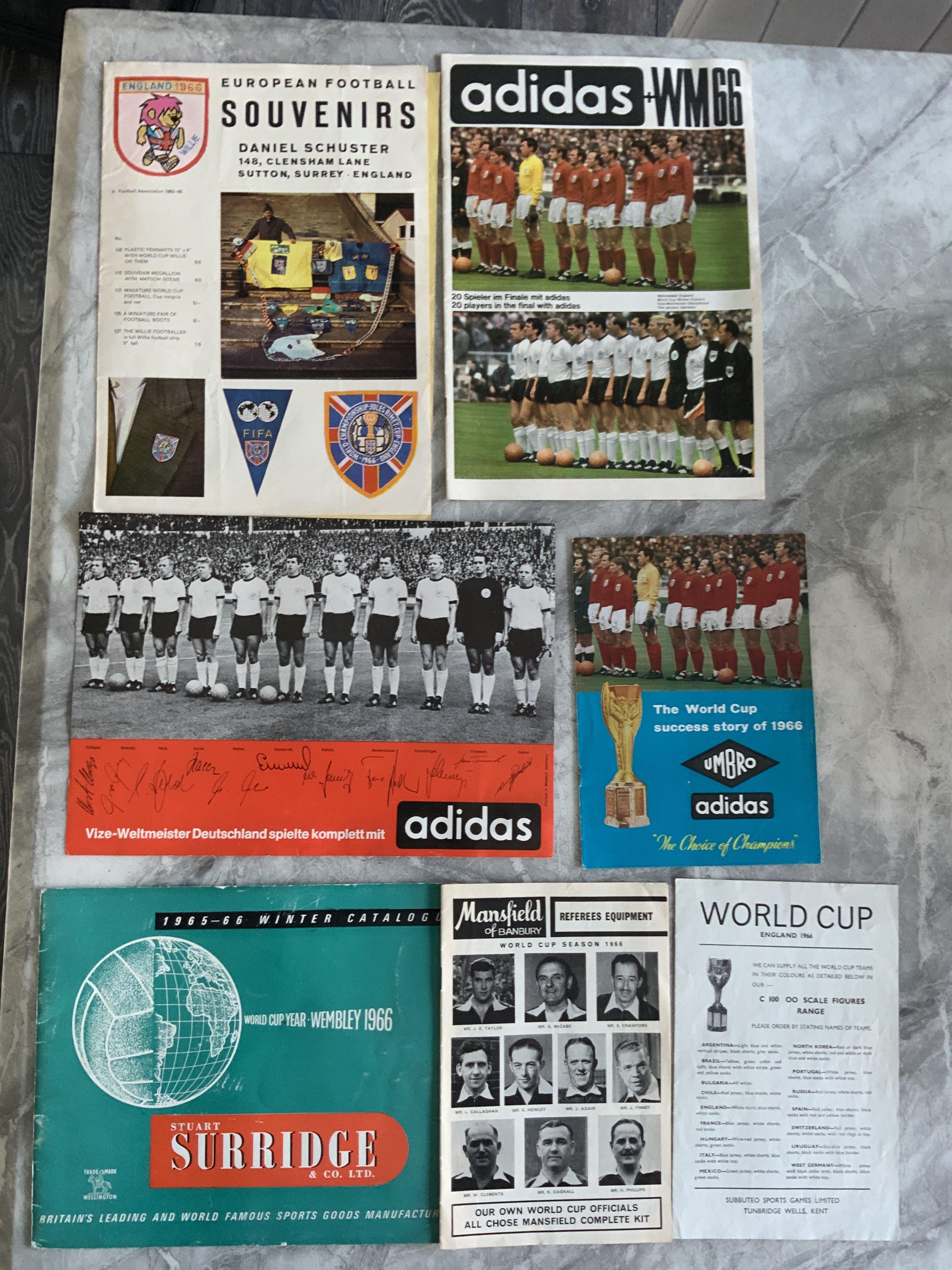 1966 World Cup Sports Brand Football Catalogues + Flyers: Three made by Adidas all featuring at least England and Germany in line ups. Stuart Surridge catalogue has a cutting missing inside and a further by Mansfield of Banbury offering referees equipment. Subbuteo and Daniel Schuster European Souvenirs all mentioning the World Cup. Rare items. (7)