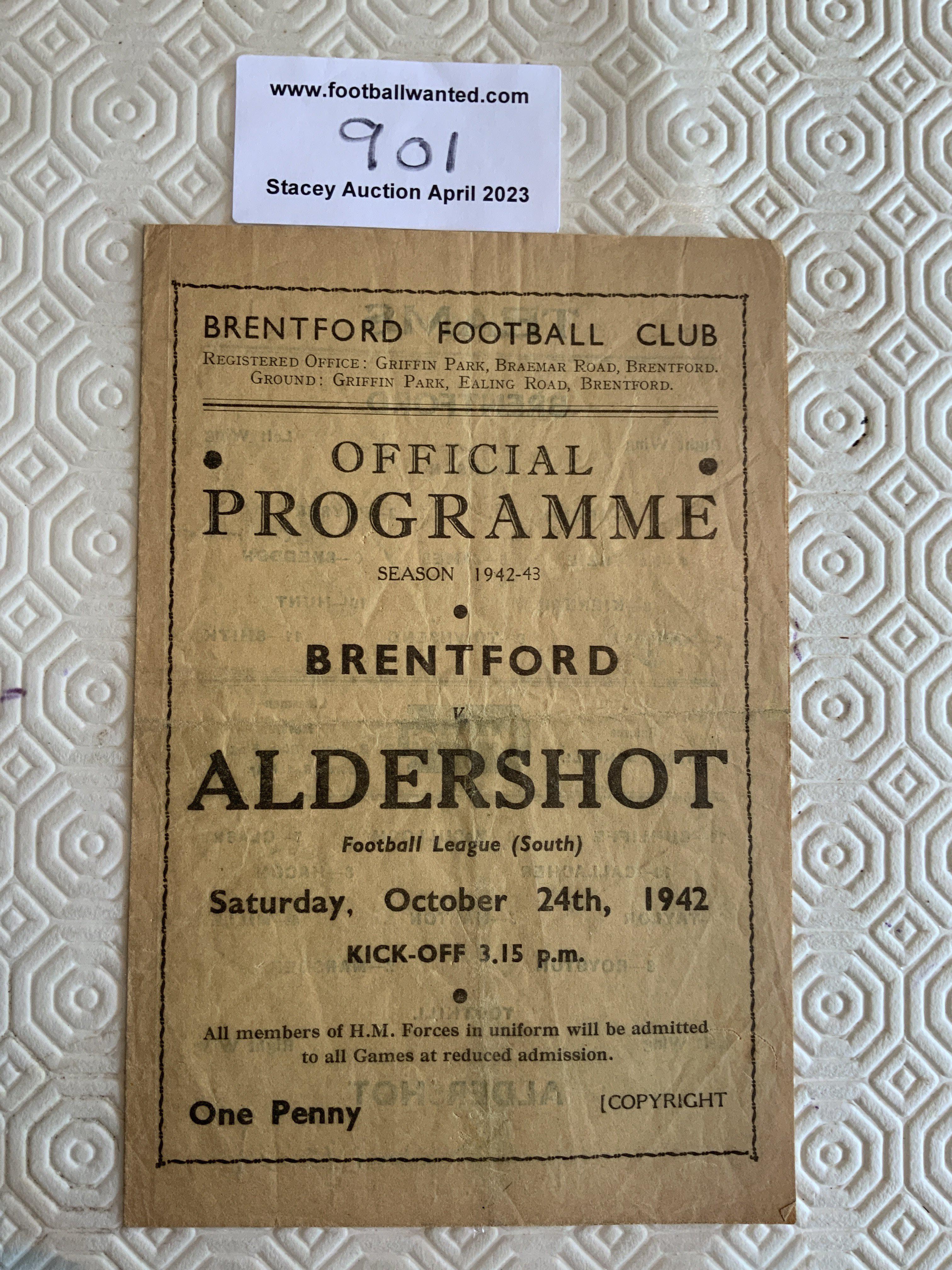 42/43 Brentford v Aldershot Football Programme: Fair/good condition League South match dated 24 10 1942 with folding and team changes.
