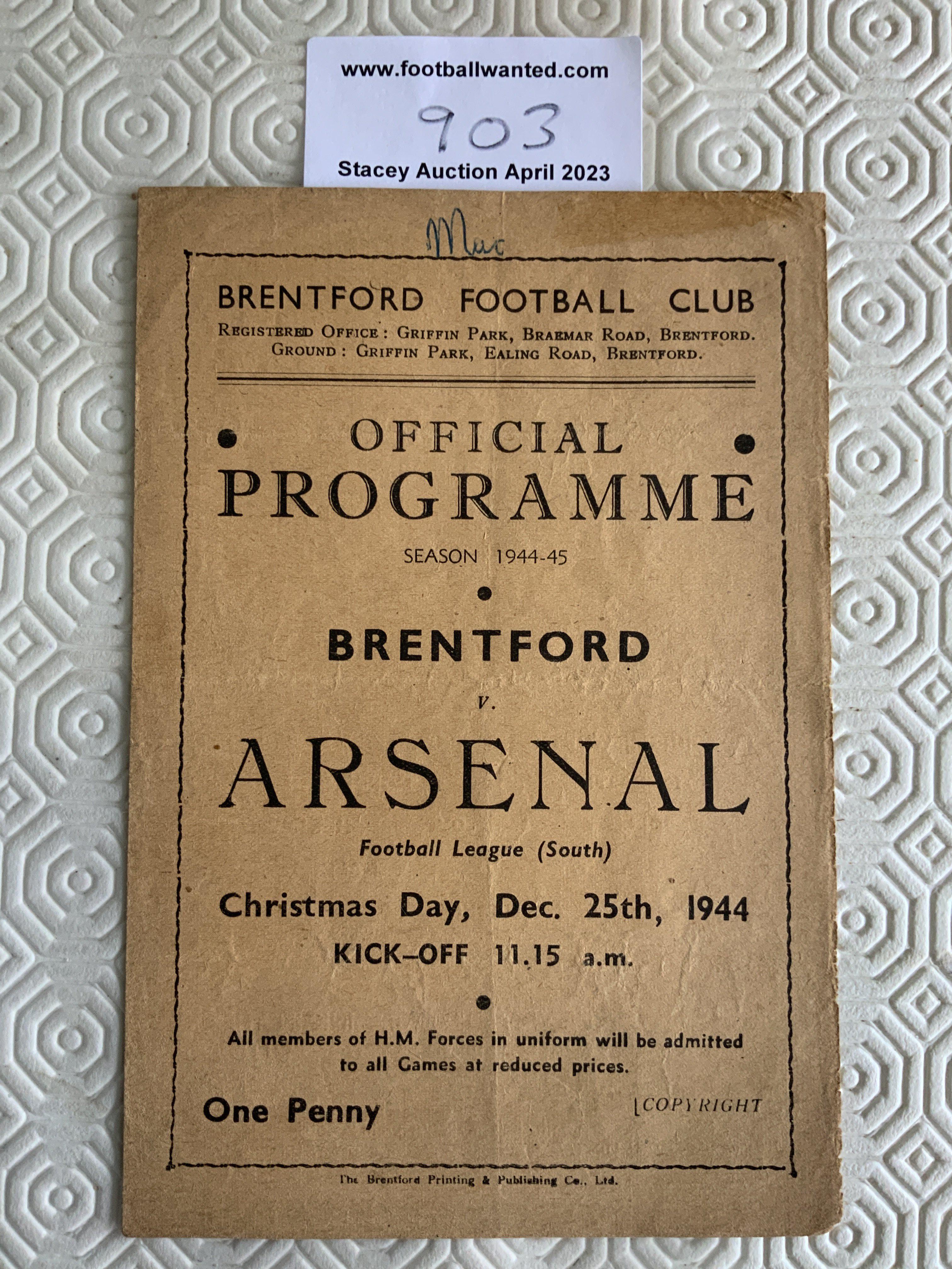 44/45 Brentford v Arsenal Abandoned Football Programme: Fair/good condition League South match dated 25 12 1944 with score inside and word written to cover.