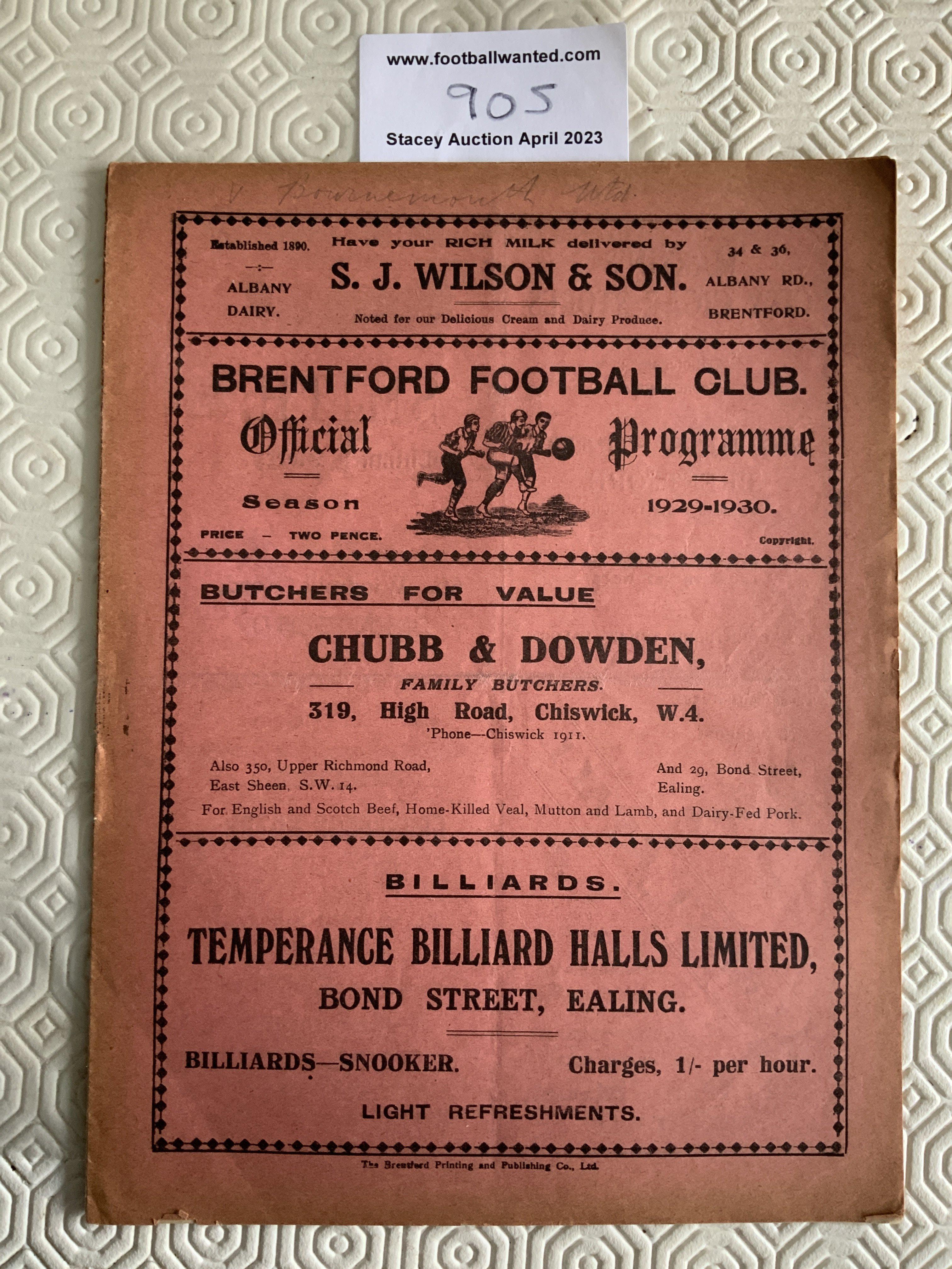 29/30 Brentford v Bournemouth Football Programme: Good condition League match except spine is completely detached. Pencilled team changes.