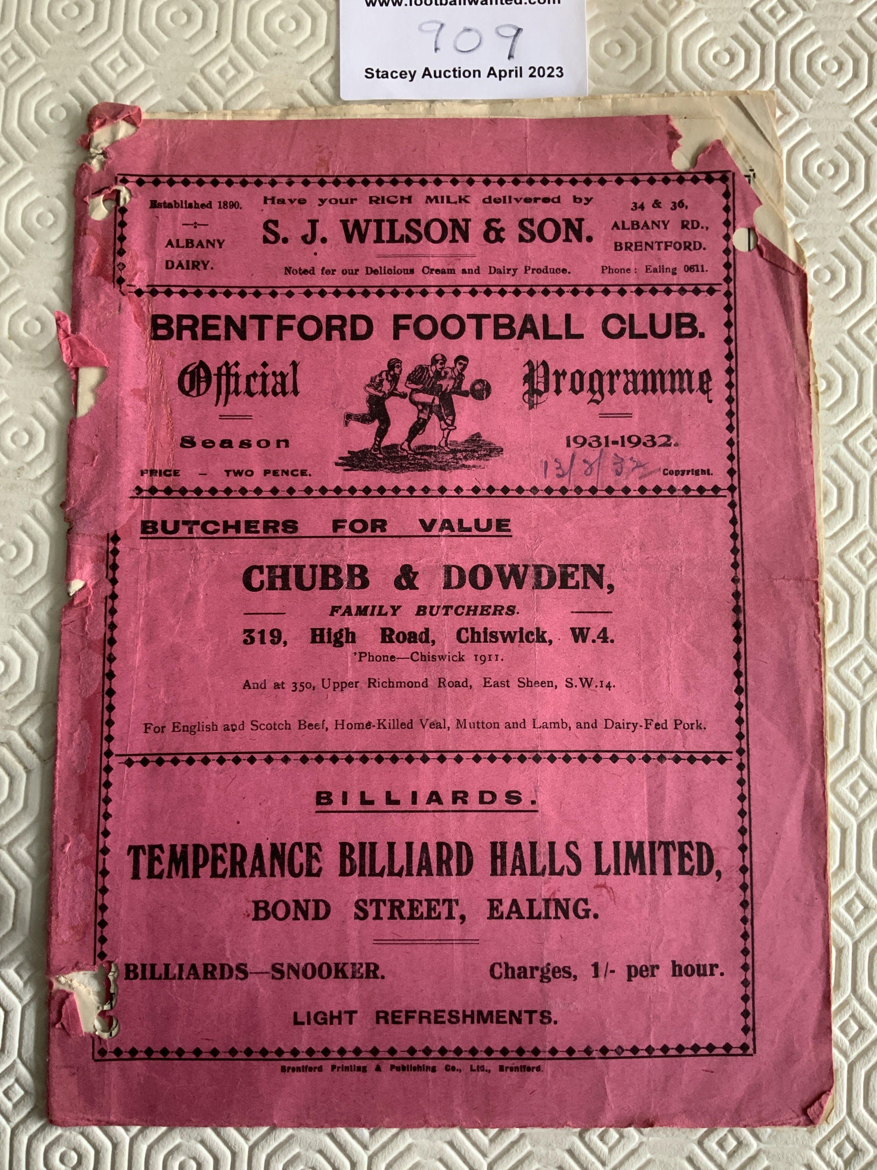 31/32 Brentford v Cardiff City Football Programme: Poor condition League match with writing. Quite a few punch holes and some paper loss to bottom corner with tears and scuffs.