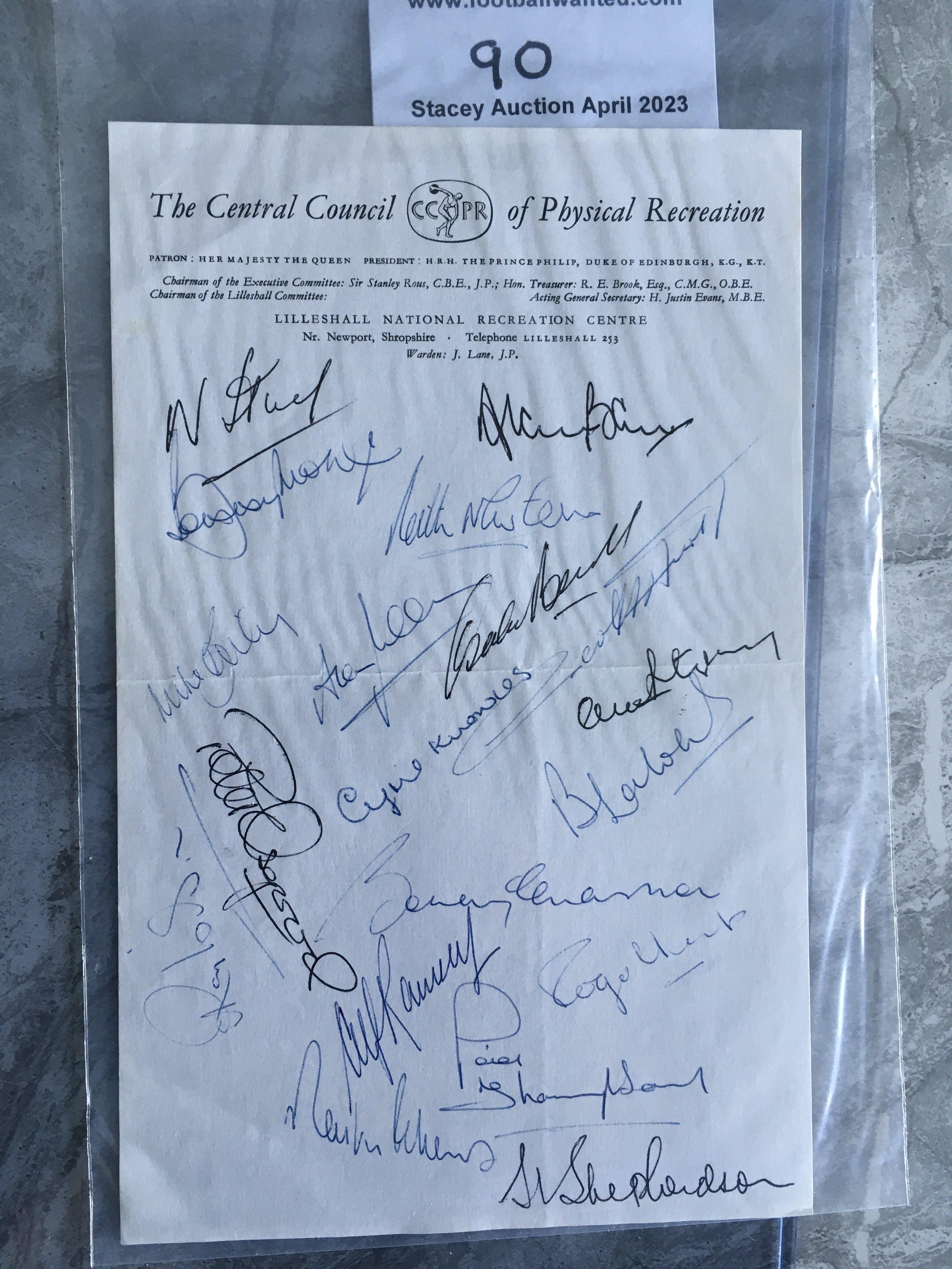 1966 England World Cup Squad + Management Signed Paper: Hand signed in biro undedicated on Lilleshall Recreational Centre headed paper. Signed by 19 including Ramsey, Shepherdson, Moore, Peters, Hurst, Labone, Hunt, B Charlton, Banks, Newton, Ball, Stiles, Osgood, Mullery, Knowles, Wilson, Thompson and Paine.