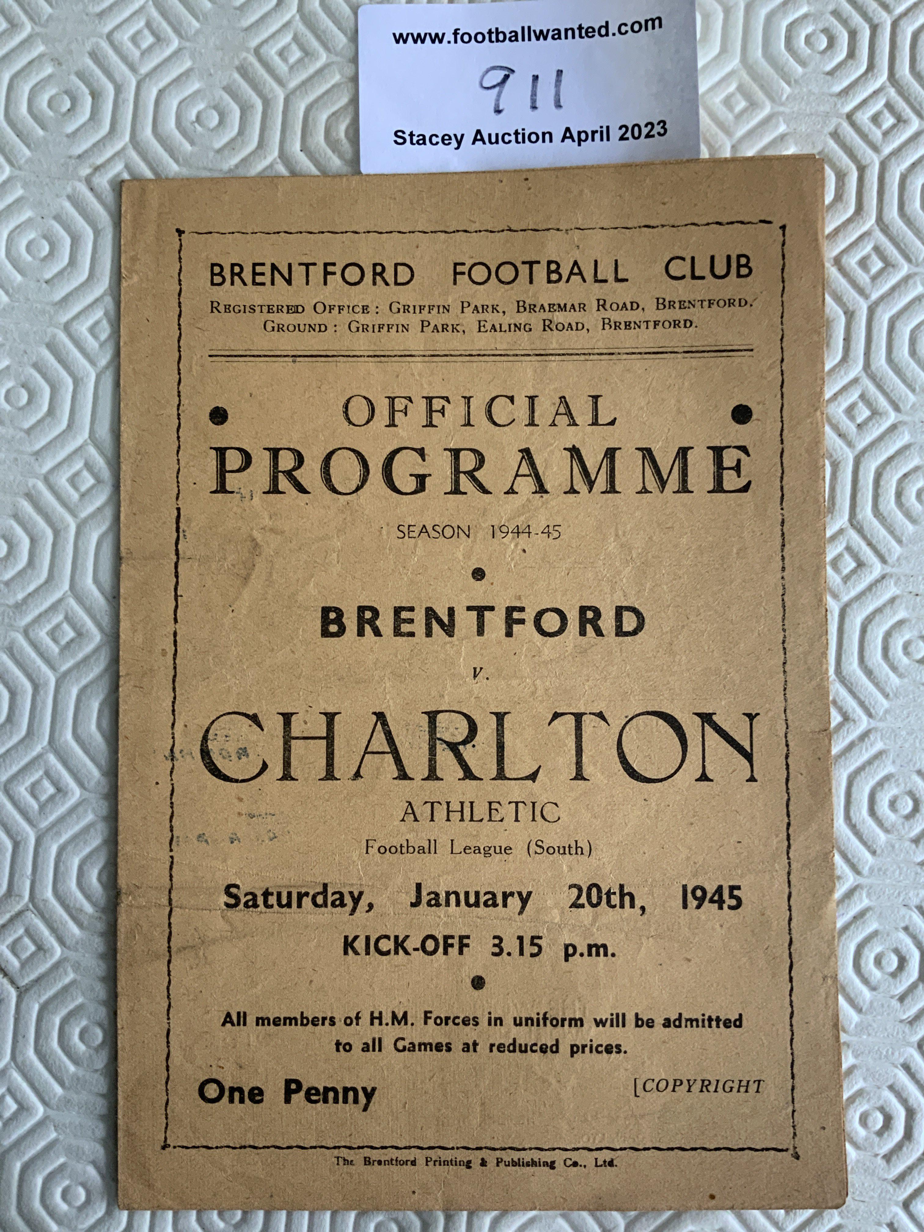 44/45 Brentford v Charlton Football Programme: Good condition League South match dated 20 1 1945 with team changes.