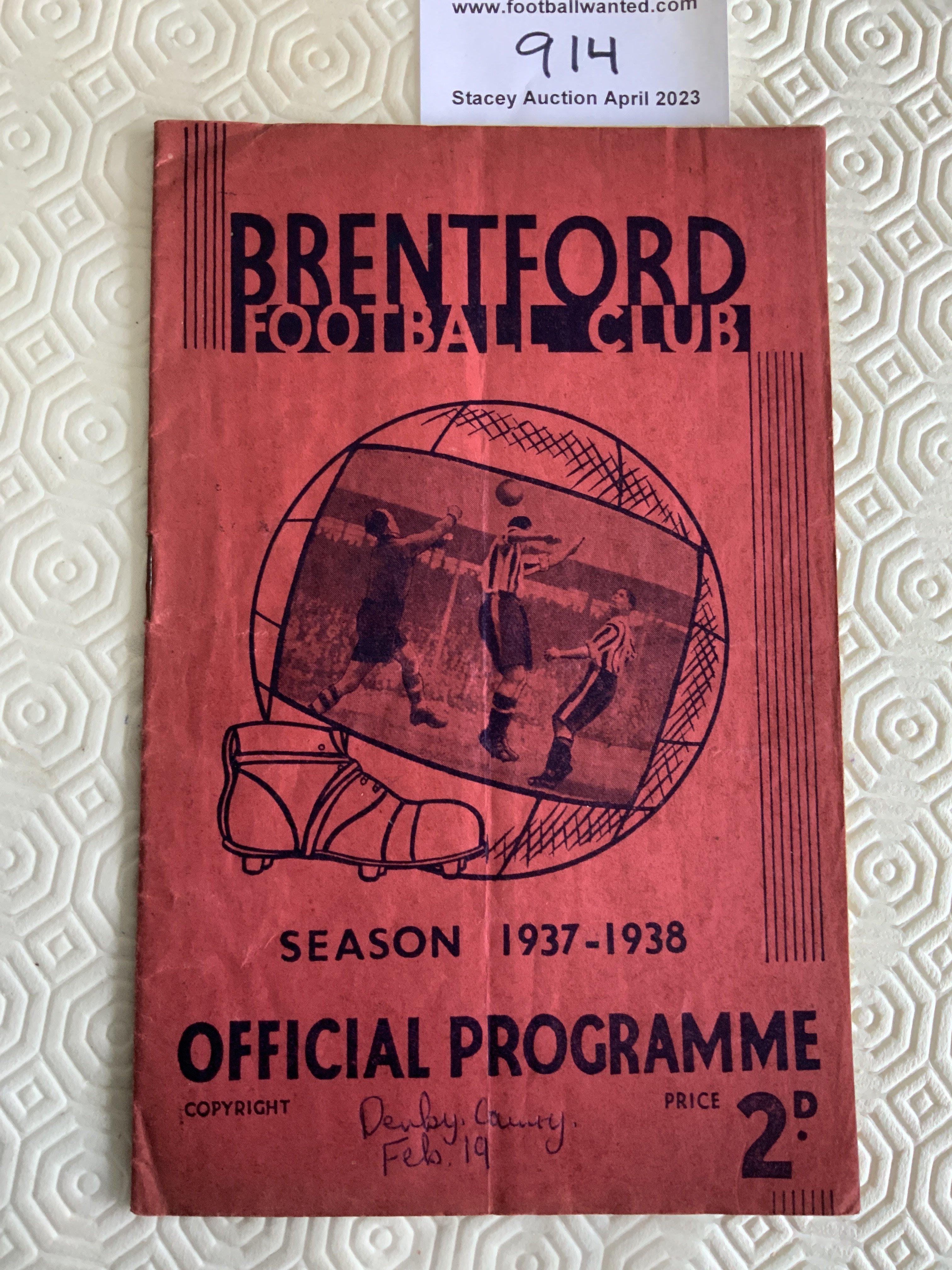 37/38 Brentford v Derby County Football Programme: Poor condition League match with 13 games to go and Brentford top. No team changes. Derby County and date written to cover. Page 19 has a third cut out.