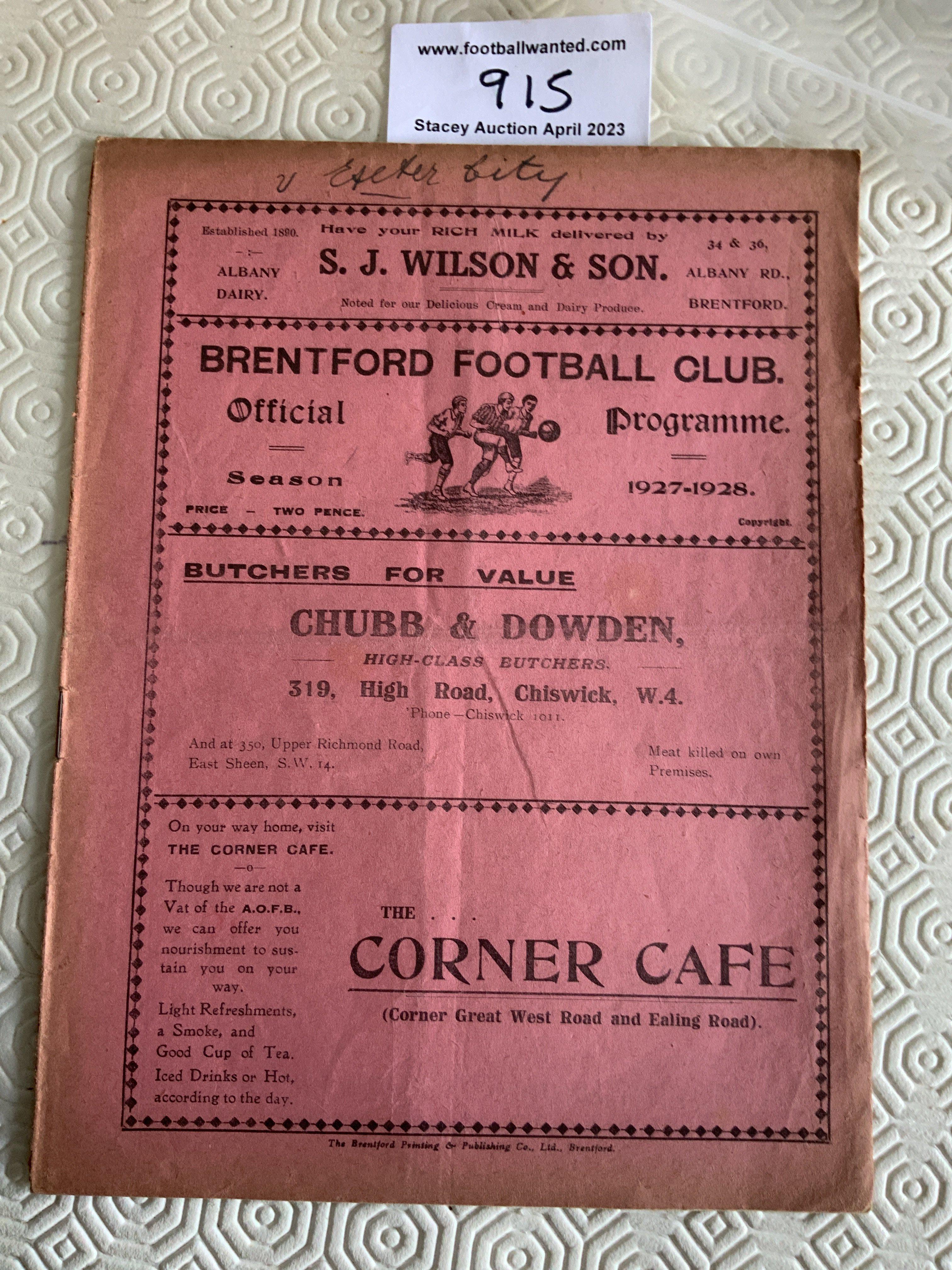 27/28 Brentford v Exeter City Football Programme: Good condition League match with no team changes. Exeter City written to cover. Score and scorers noted to team page.