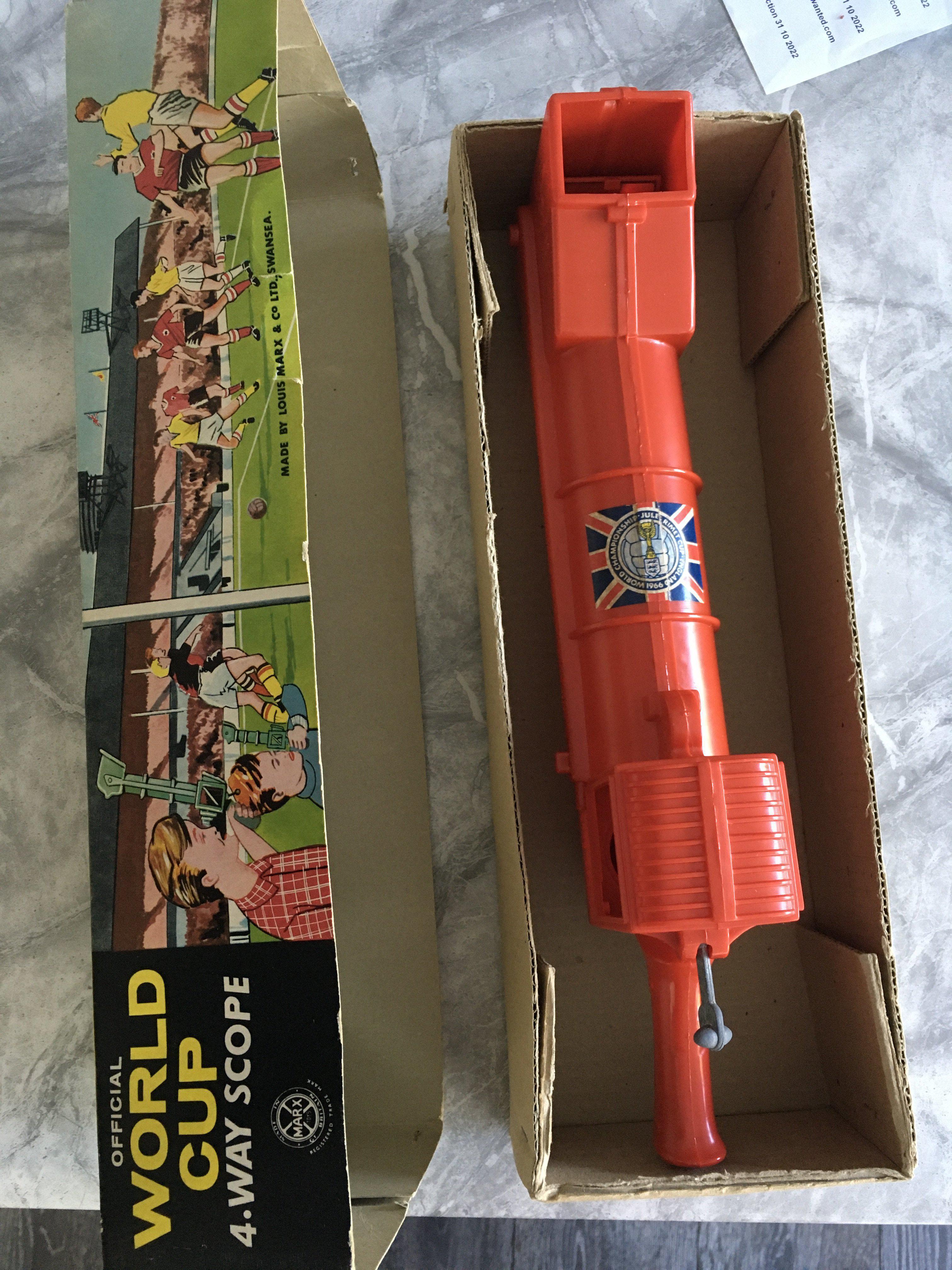 1966 Football World Cup Boxed Kids Telescope: Rare chance to obtain the red 4 way scope in original box which features WC Willie and the tournament logo.
