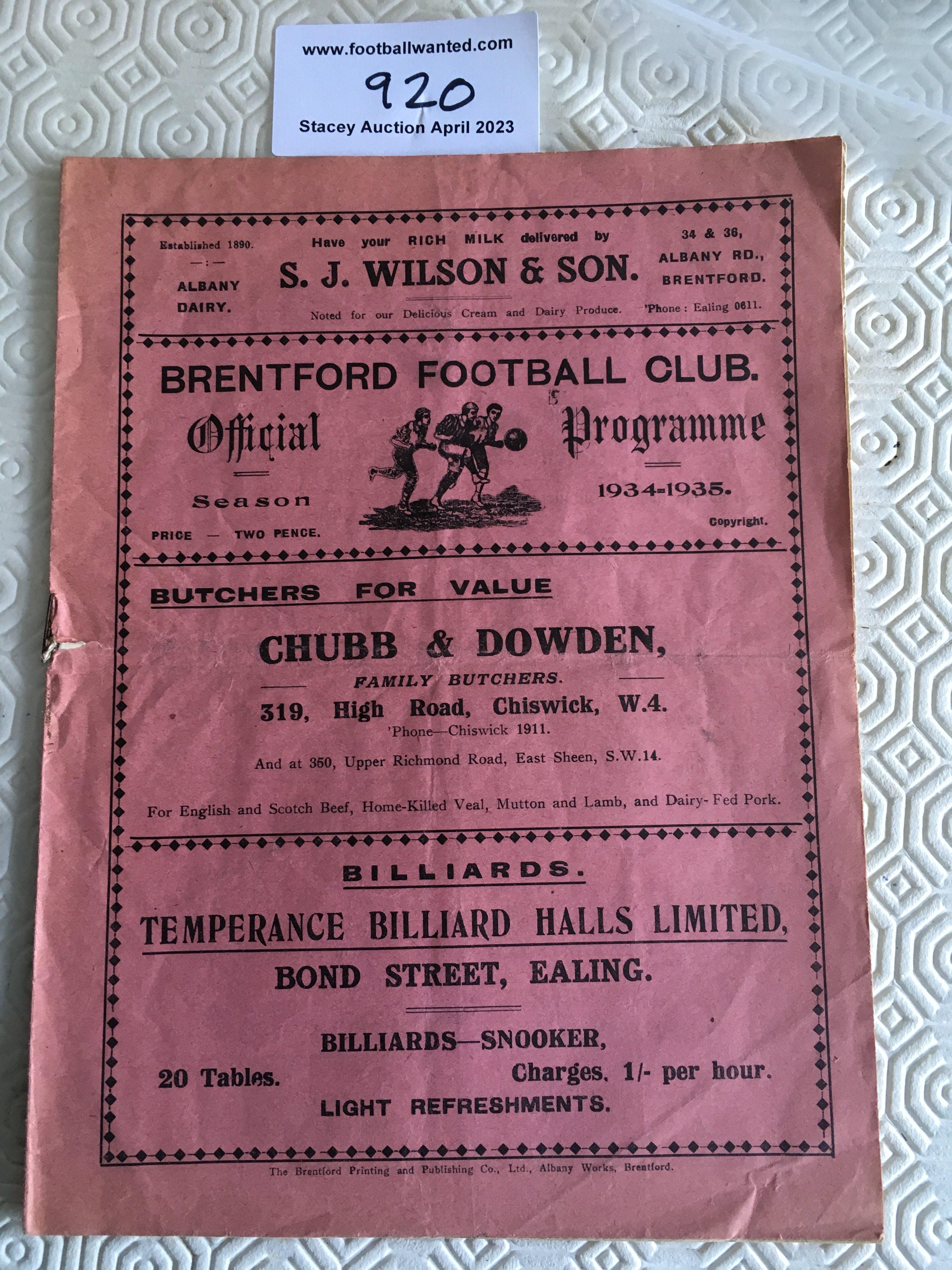 34/35 Brentford v Manchester United Football Programme: Good condition league match with no team changes. Tear on staple area and light fold.