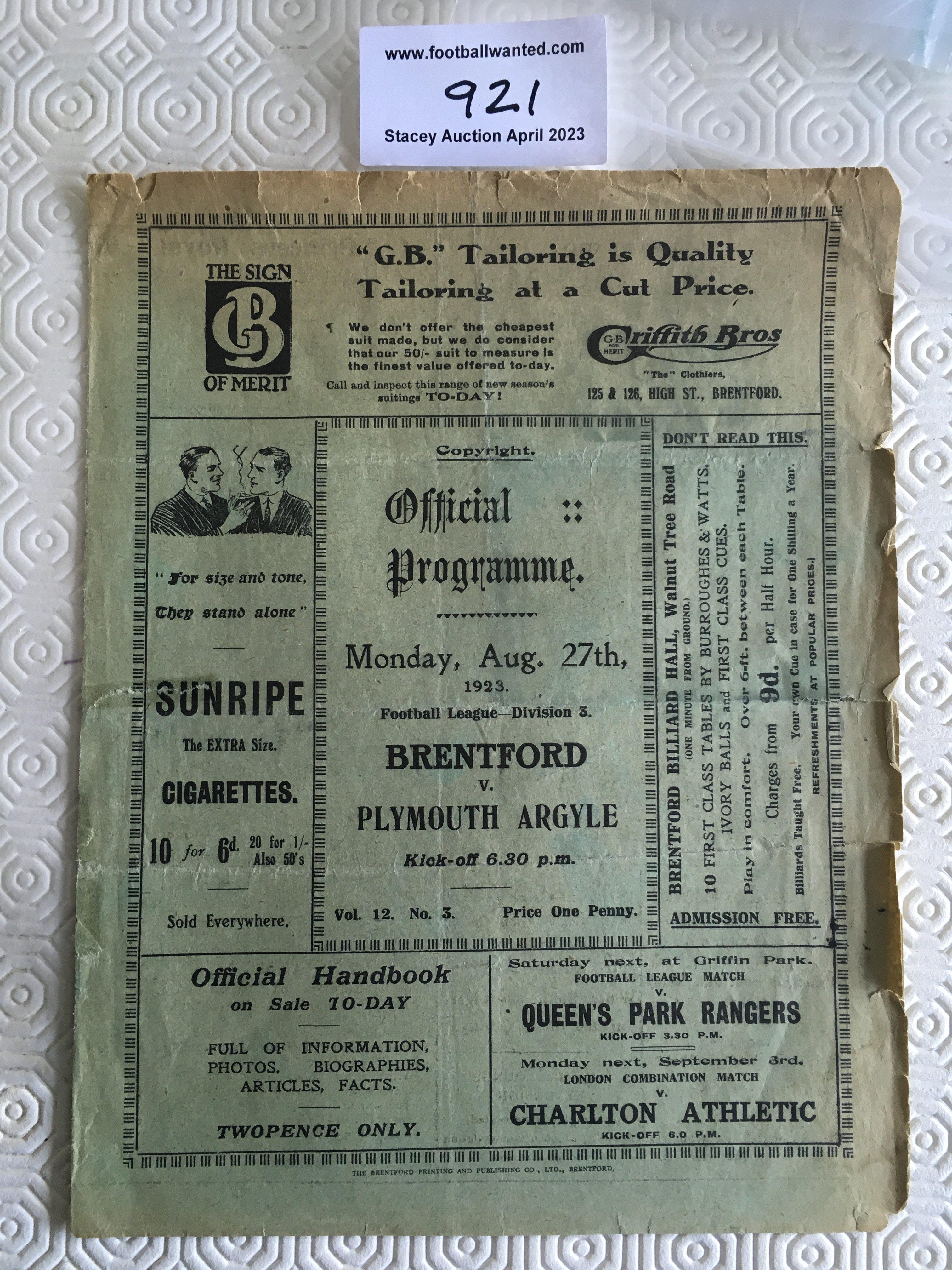 23/24 Brentford v Plymouth Football Programme: Fair condition league match with no team changes. Tears to edges and tape marks.