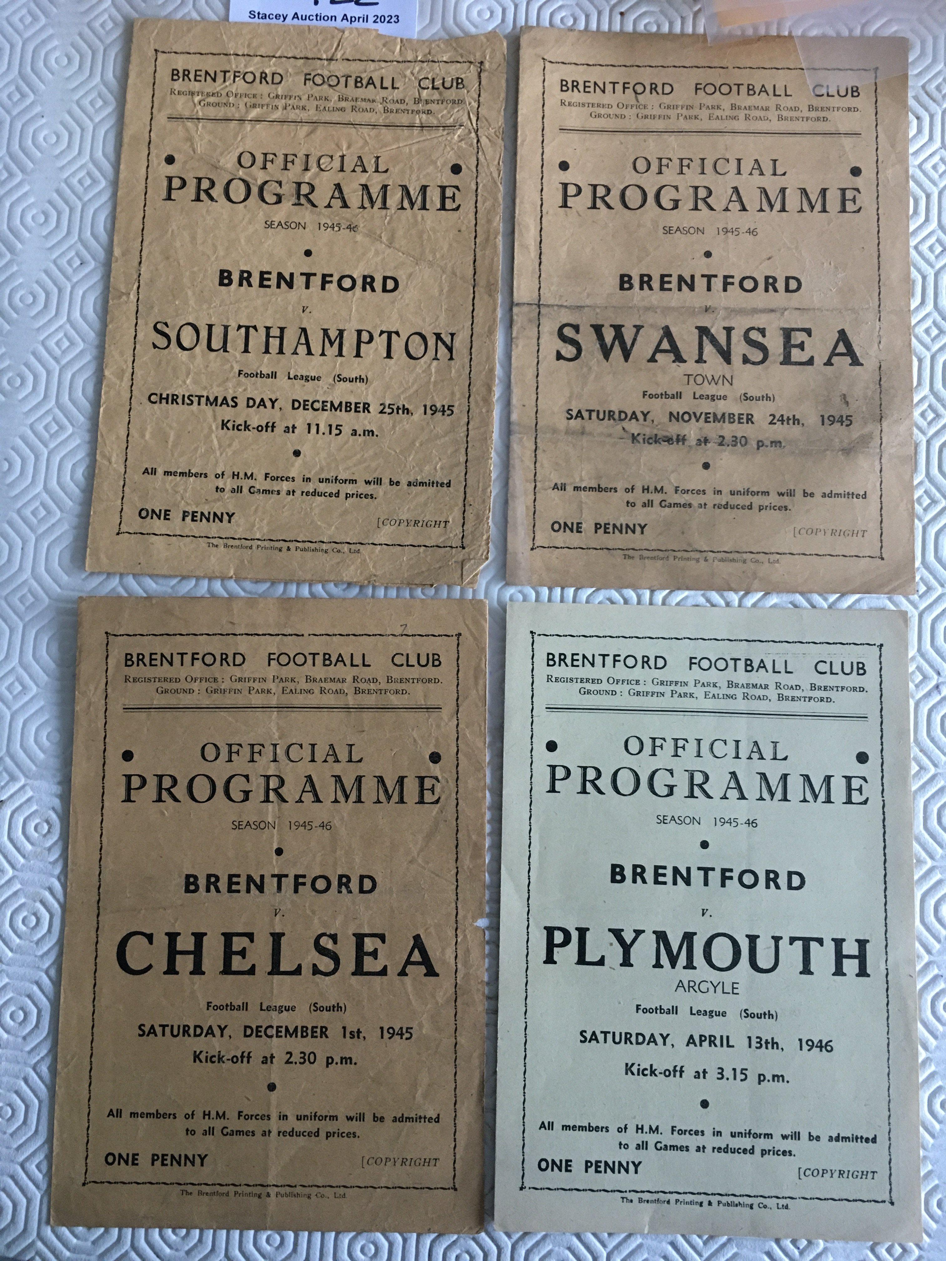 45/46 Brentford Home Football Programmes: League matches v Plymouth, Chelsea, Swansea team changes and Southampton. Overall good. (4)