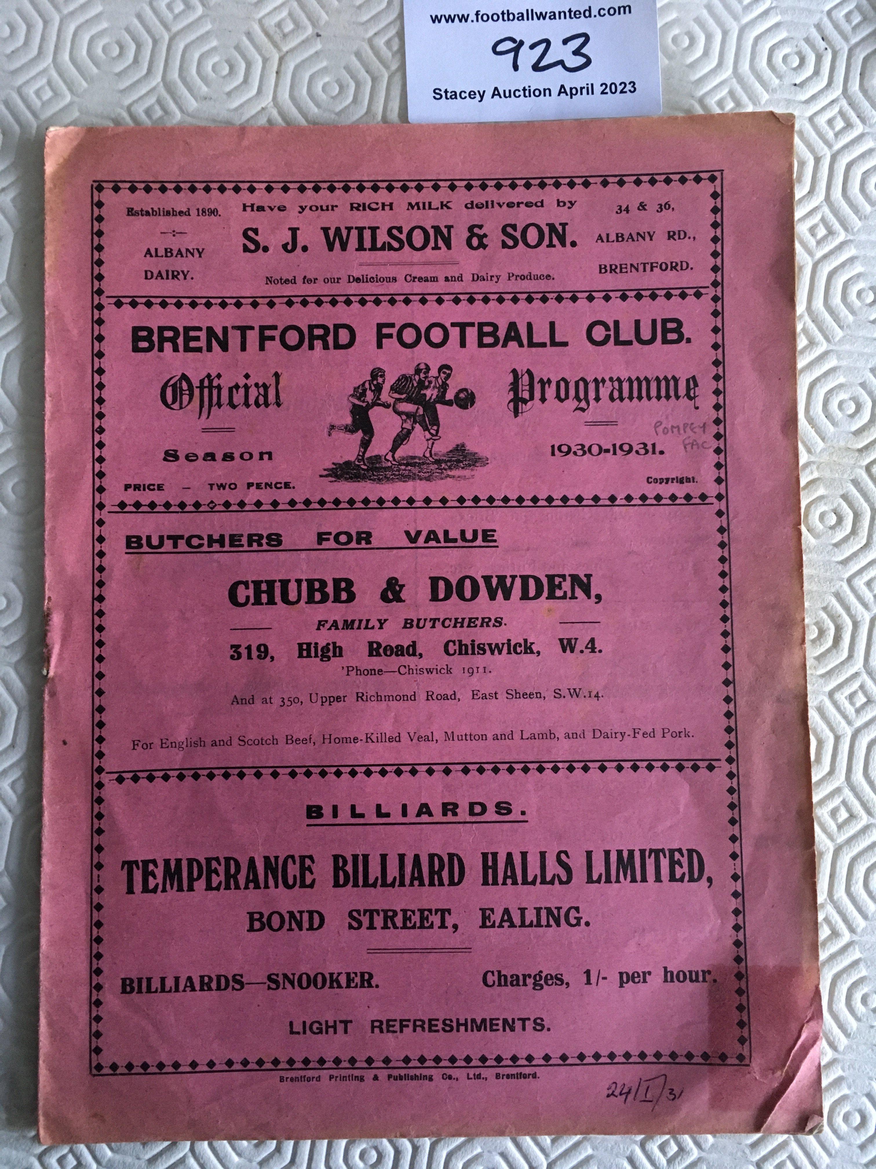 30/31 Brentford v Portsmouth FA Cup Football Programme: Fair condition with no team changes. Date written to cover, slight discolouration to back page and tiny ex tape mark.