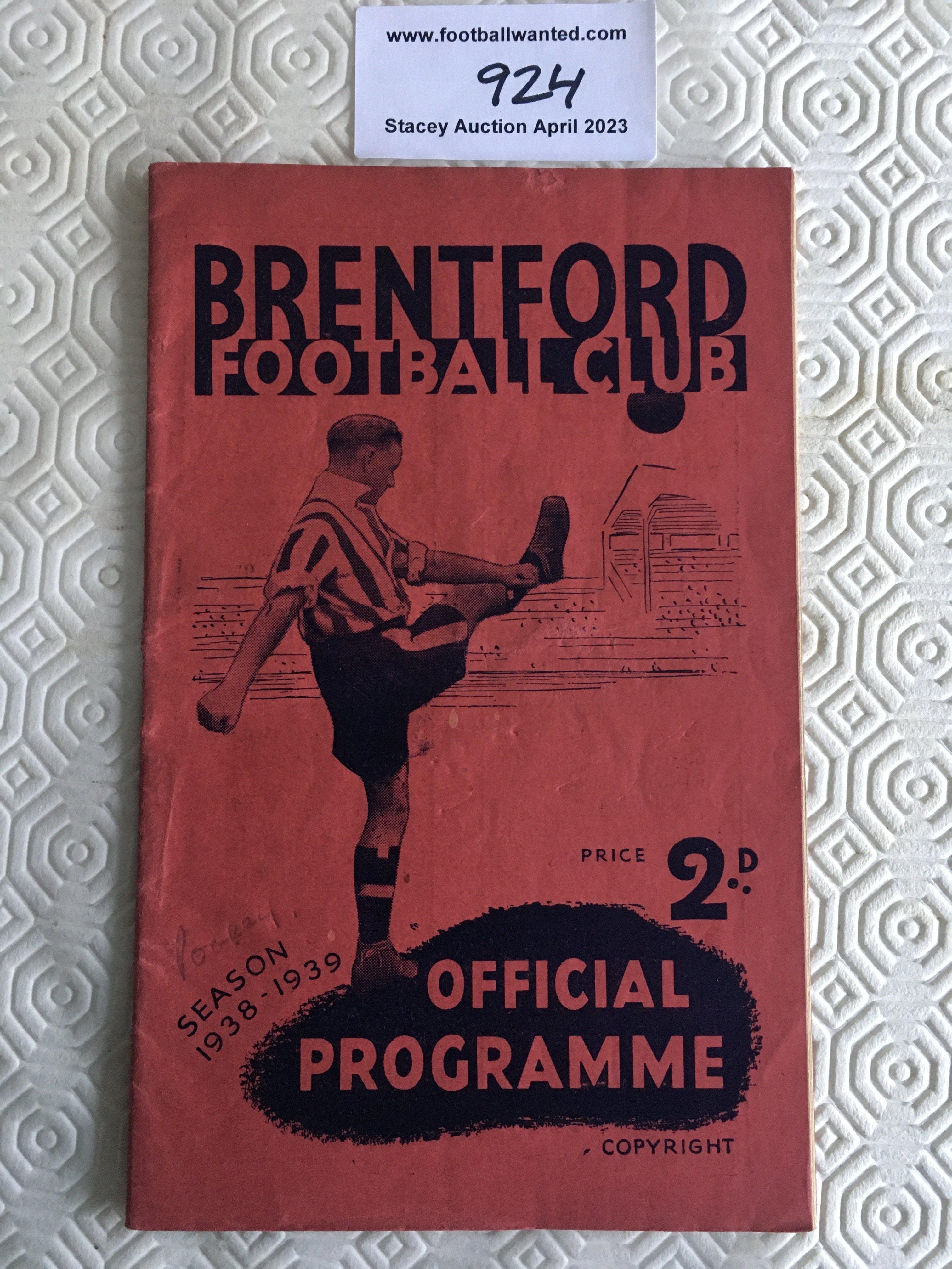 38/39 Brentford v Portsmouth Football Programme: Good condition league match with no team changes.