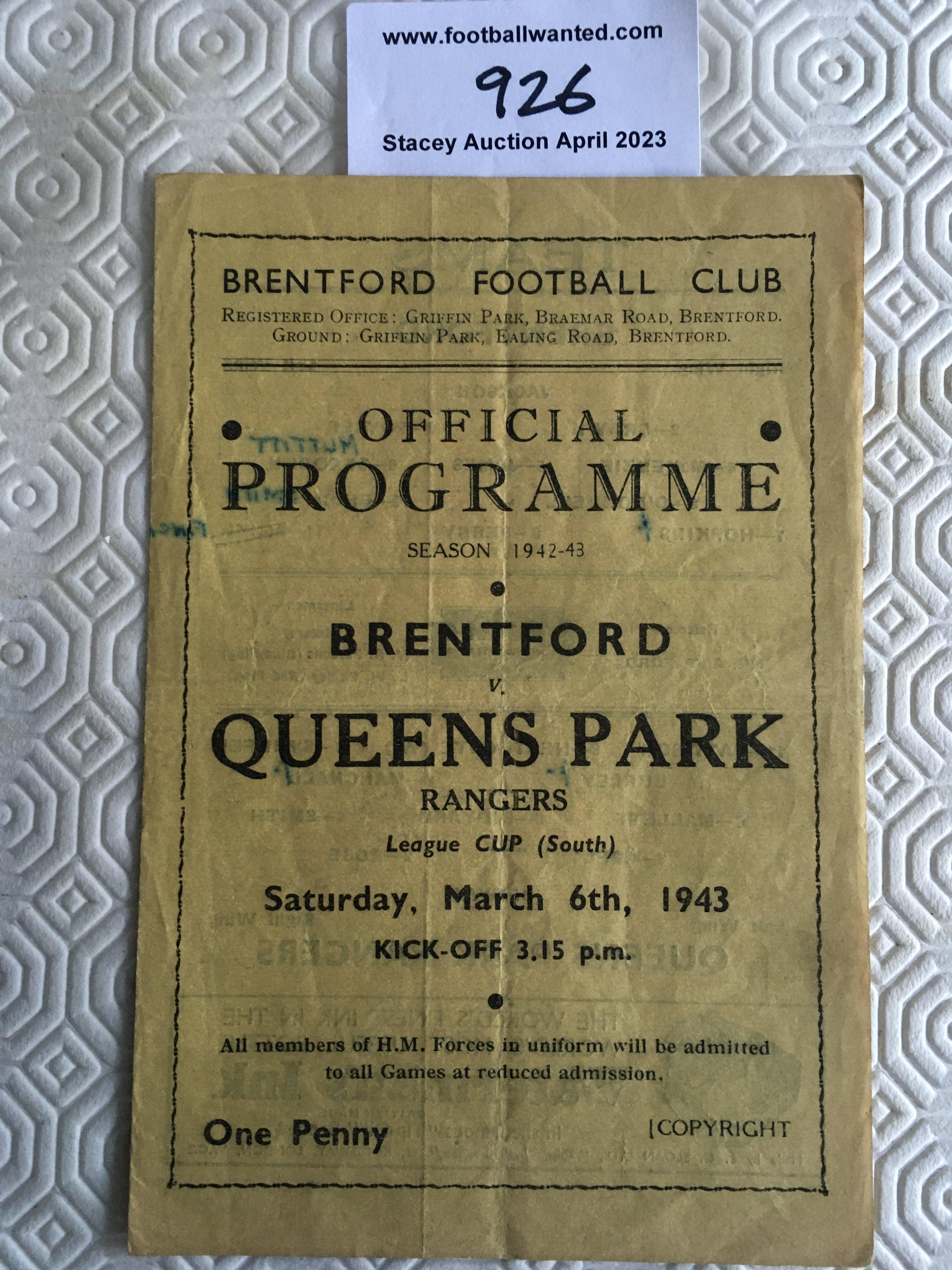 42/43 Brentford v QPR Football Programme: Fair condition cup match dated 6 3 1943 with team changes. Fold.