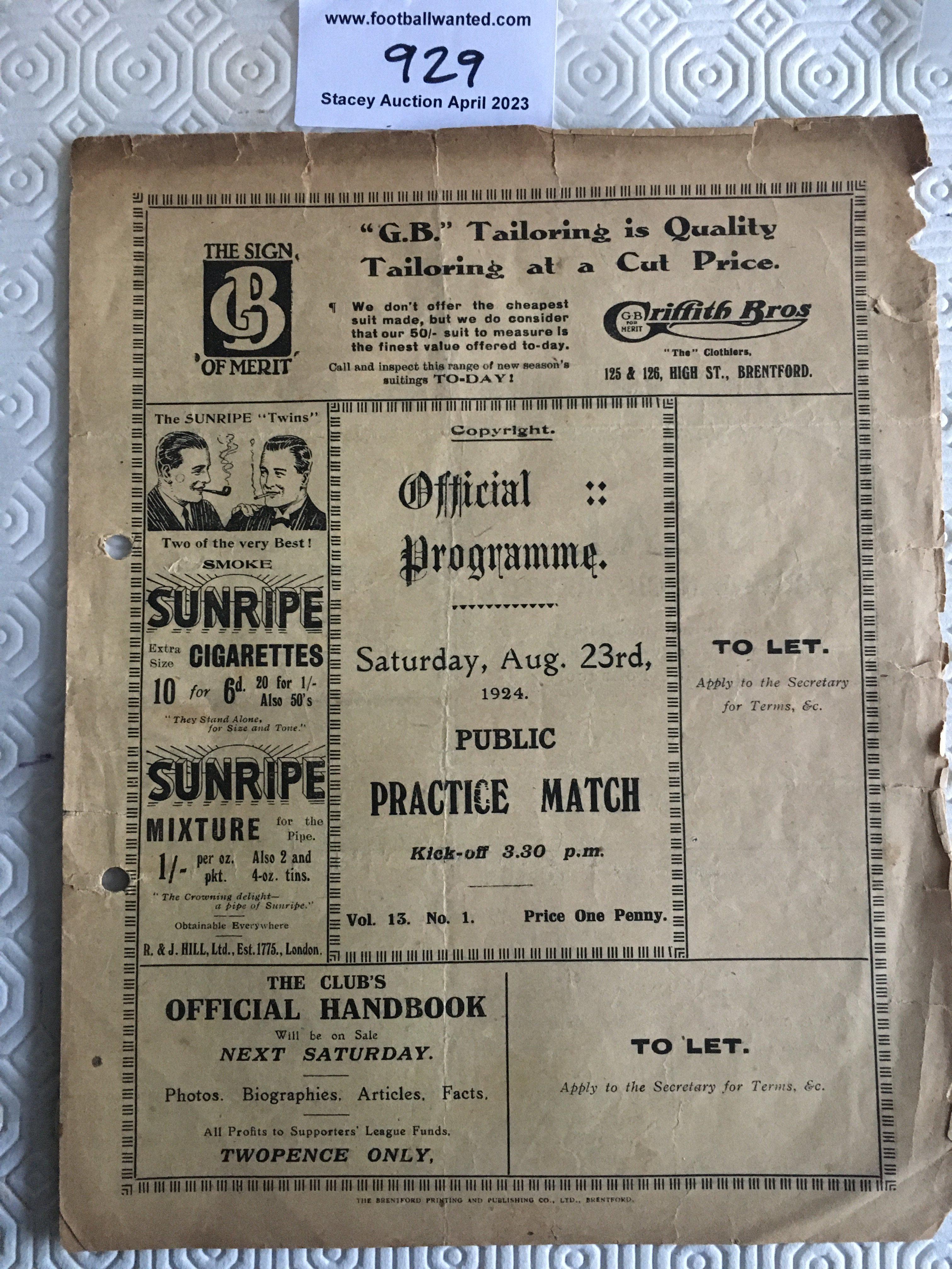 1924 Brentford Practice Match Football Programme: Poor/fair condition public practice match dated 23 8 1924 with no team changes. Tatty edges, piece missing from border and punch holes.