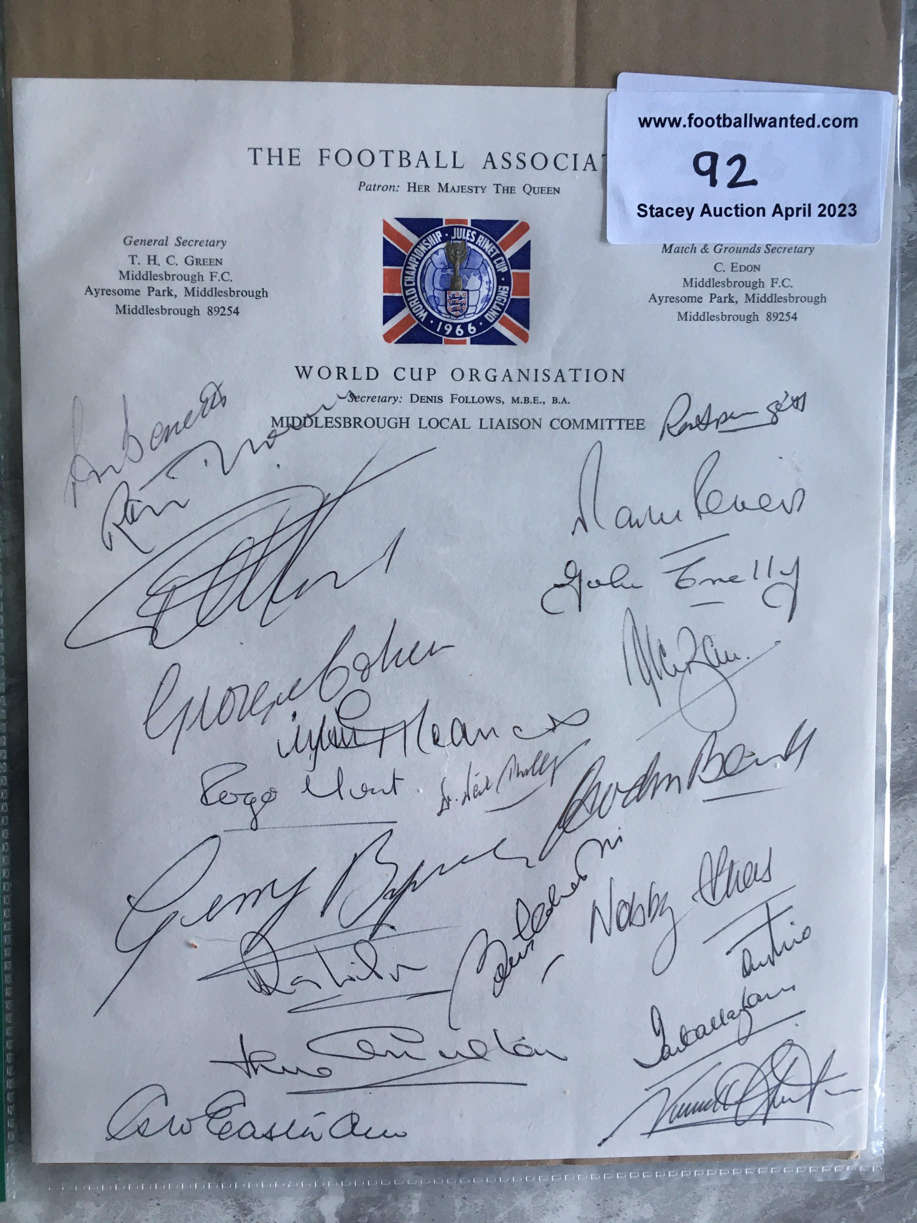 England 1966 World Cup Squad Signed Headed Paper: Incredibly rare genuine autographs on the Middlesbrough World Cup Committee headed paper on embossed World Cup logo paper. Dr Philips and 20 of the squad have hand signed in black biro. Of the 22 squad only Bobby Moore and Jimmy Armfield have not signed. Must view.