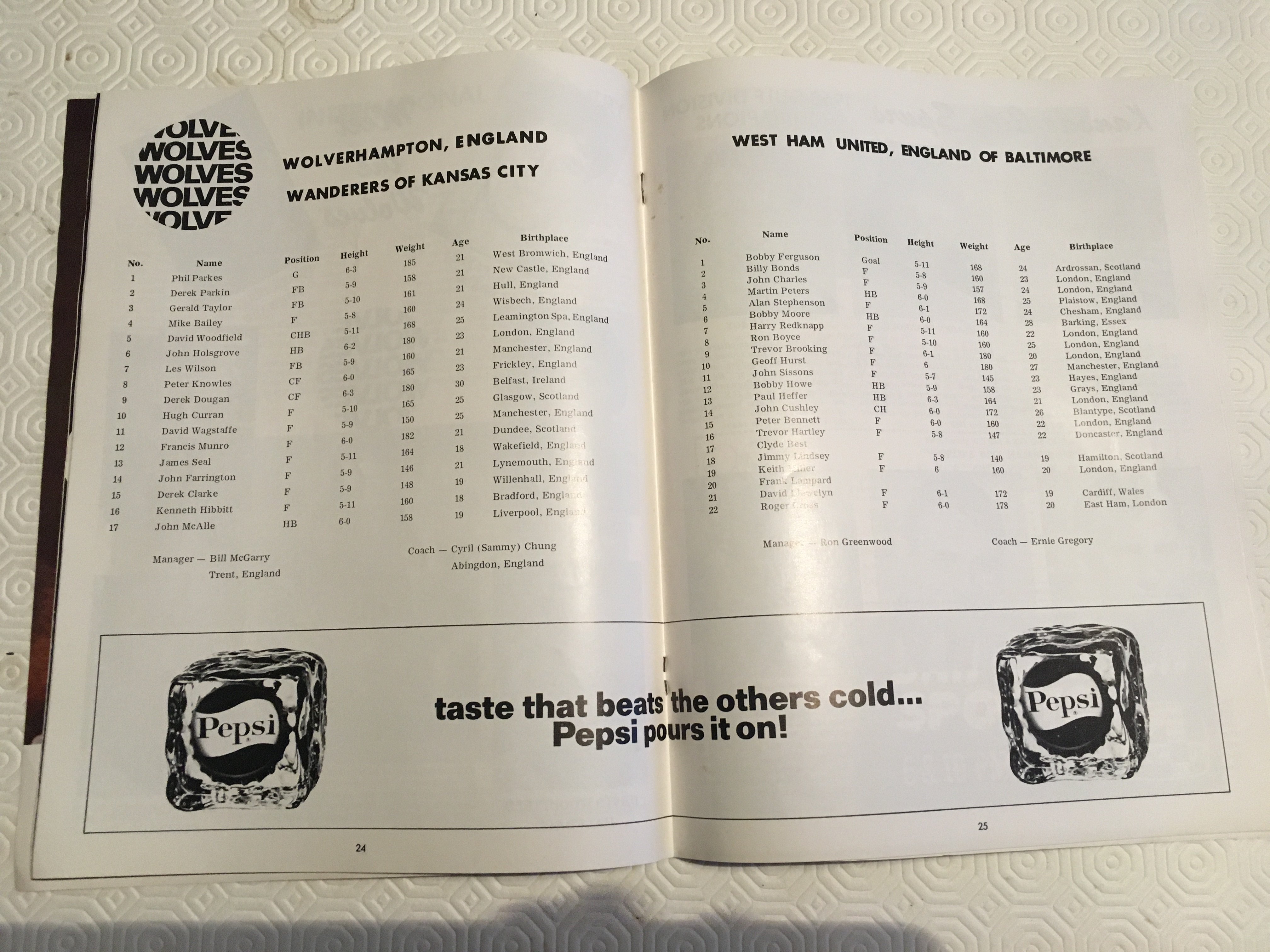 1969 Wolves v West Ham USA Tour Football Programme: Very good condition with no folds or writing.