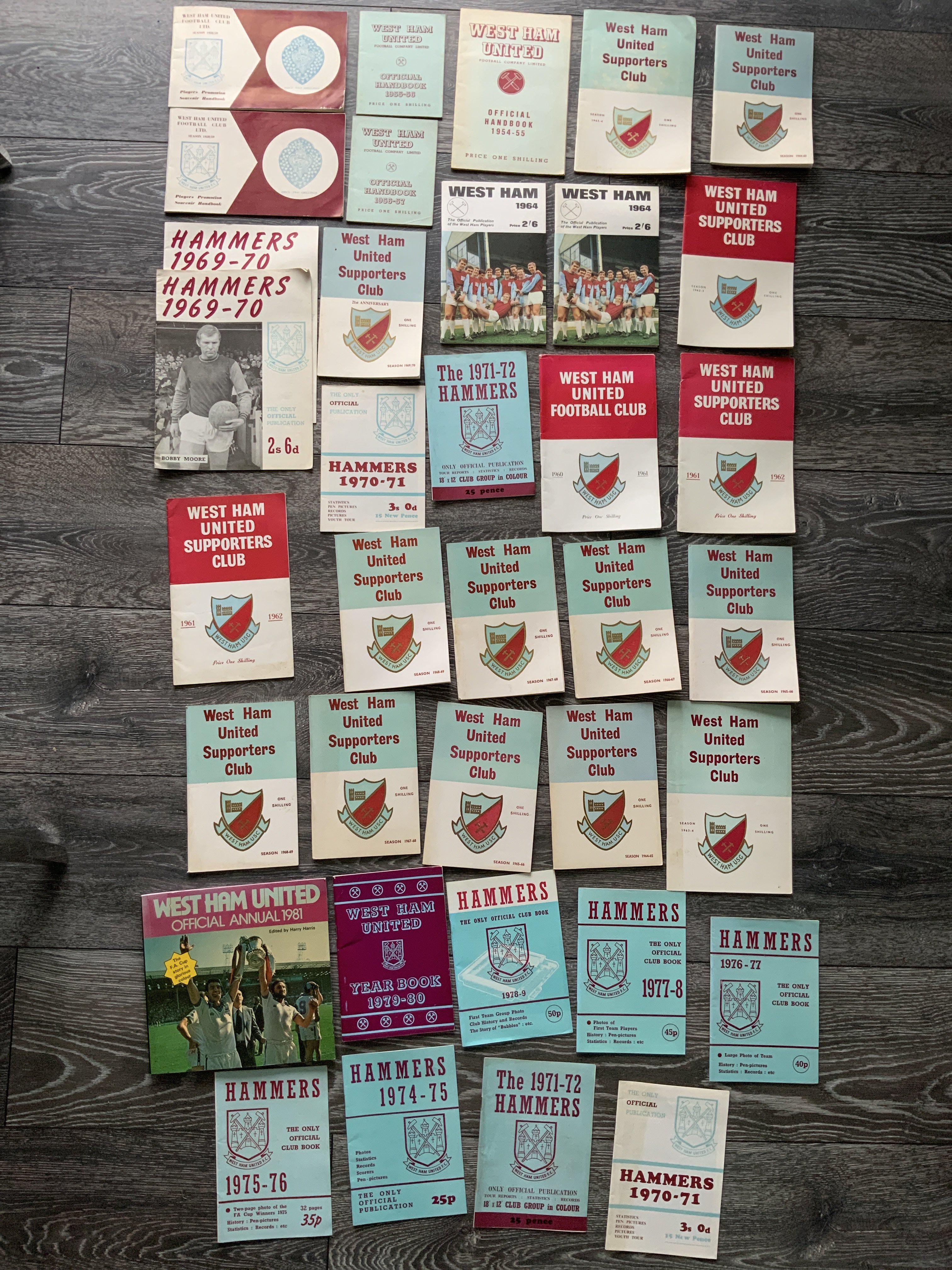West Ham Football Handbooks: Includes 54/55 55/56 56/57 and 2 x 58/59 Promotion Handbooks. A run of at least one from 60/61 to 70/71 plus more in excellent condition. (36)