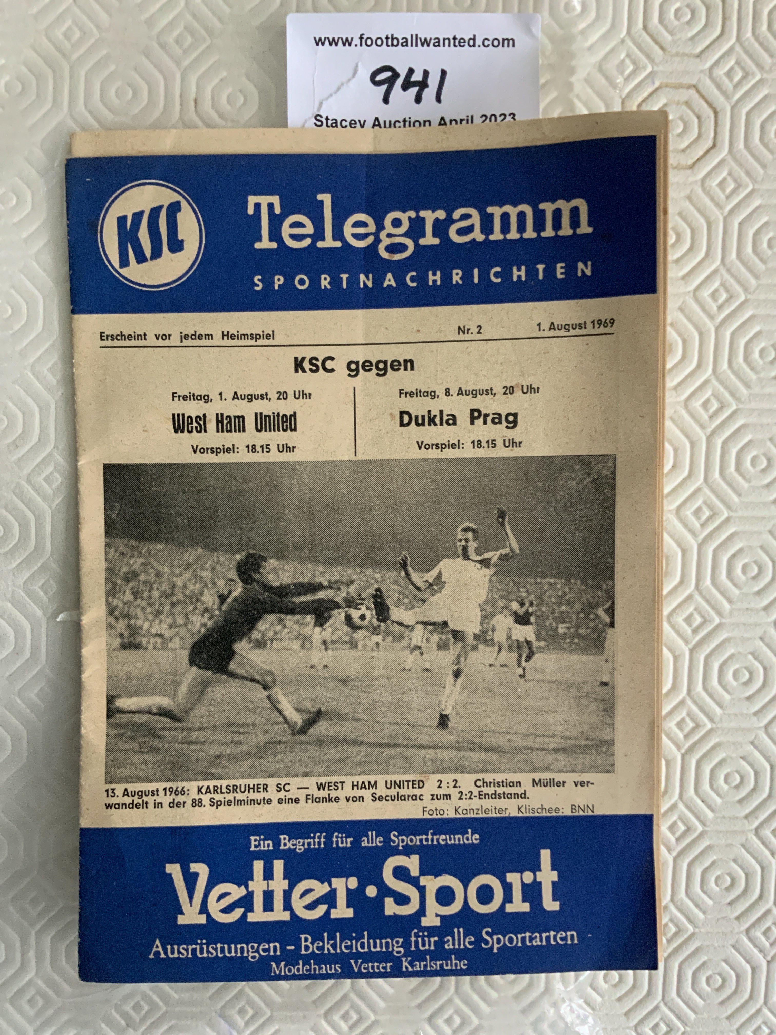 1969 Karlsruher v West Ham Football Programme: Not to be confused with the much easier to obtain 1966 programme which actually features on the cover of this friendly. Very good condition with no team changes.