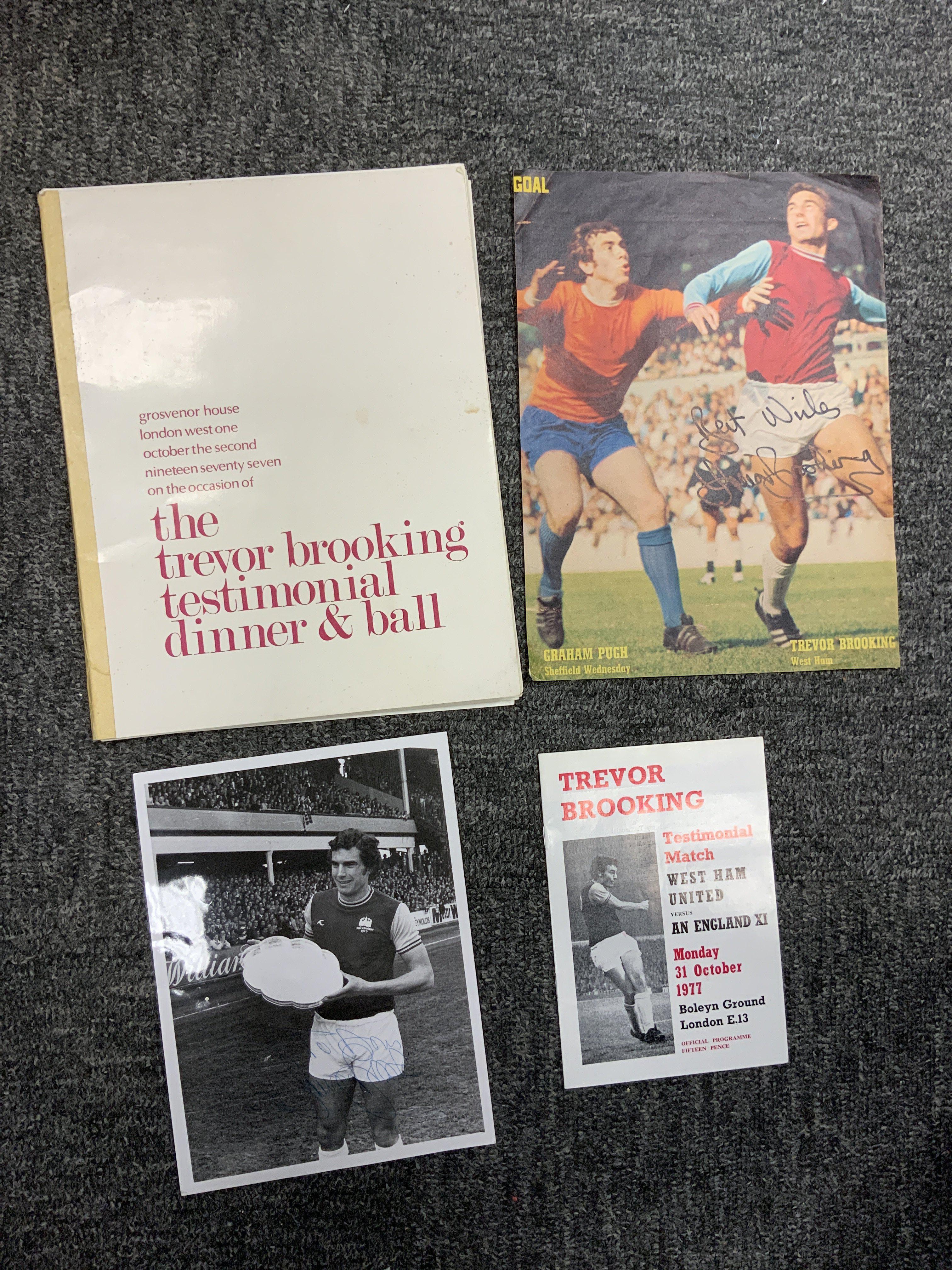 Trevor Brooking West Ham Football Memorabilia: Includes rare, large testimonial ball brochure from Grosvenor House, 2 signed pictures (one dedicated) and his testimonial programme. Instructions to sell.