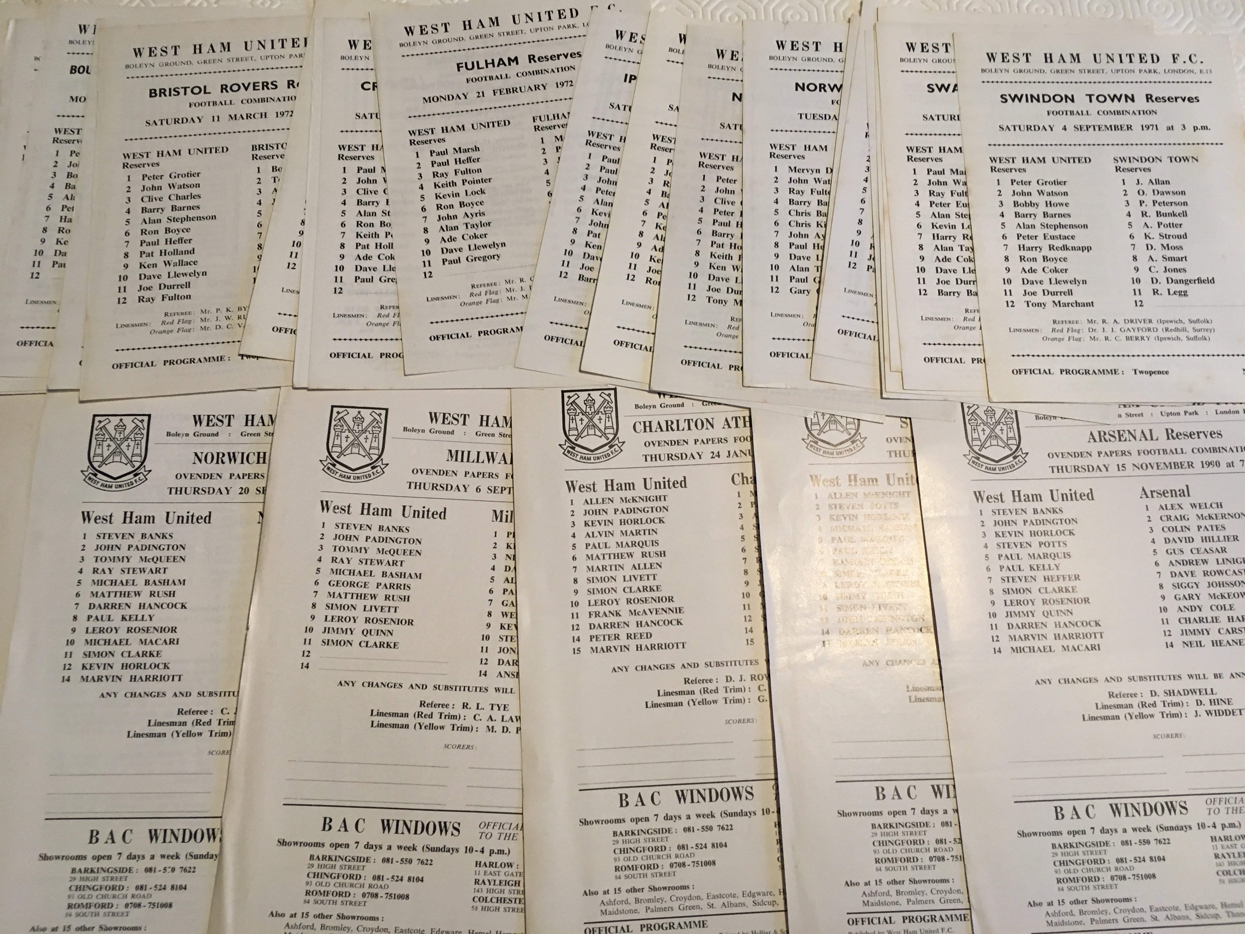 West Ham Home Reserve Football Programmes: 24 single sheets from 71/72 to include youth matches. Includes 9 from 90/91. All unwritten. (33)