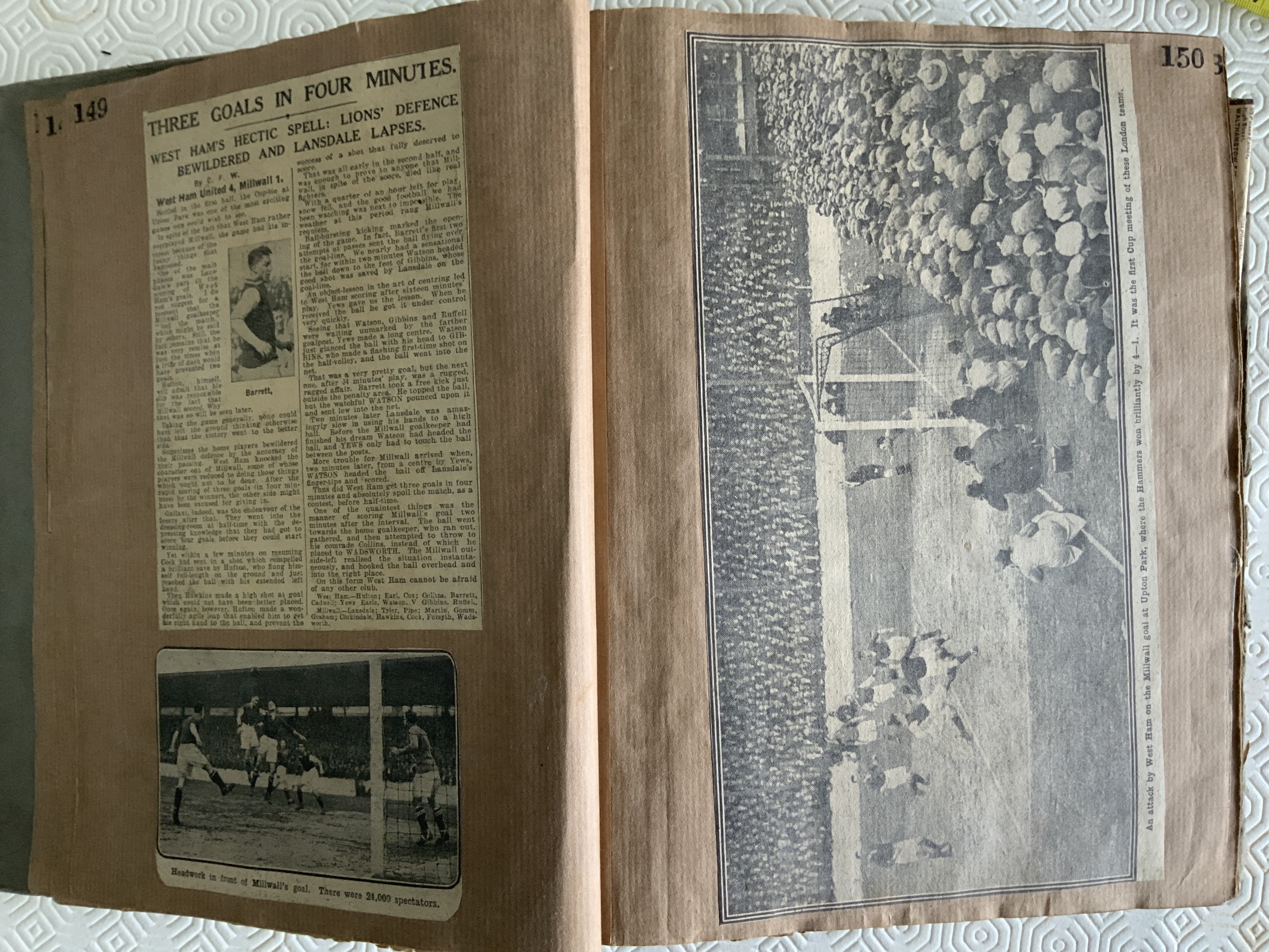 West Ham Football Scrapbooks: Not to be missed. Comprehensive 1930s scrapbook full of home and away match reports from newspapers with articles and pictures plus an original 30/31 team group postcard. C/W a scrapbook from the early 50s and one other. Interesting. (3)