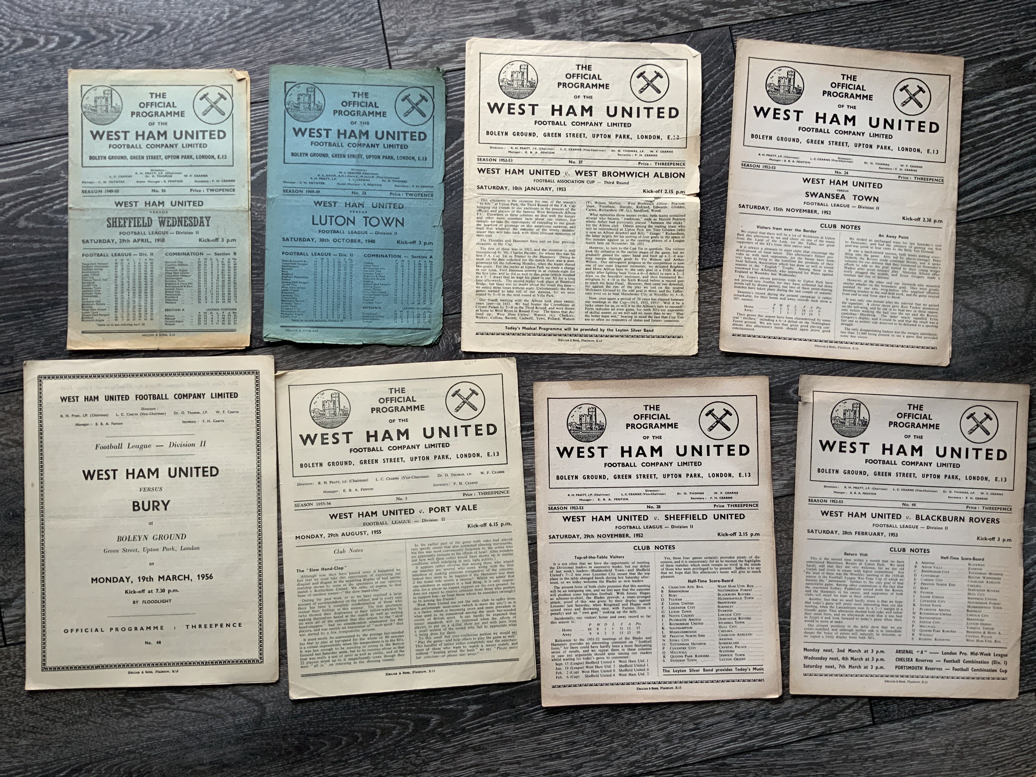 1950s West Ham Home Football Programmes: Includes 48/49 Luton, 49/50 Sheffield Wednesday, 50/51 Hull, 9 from 52/53 and more up to 57/58. Fair/good. (26)