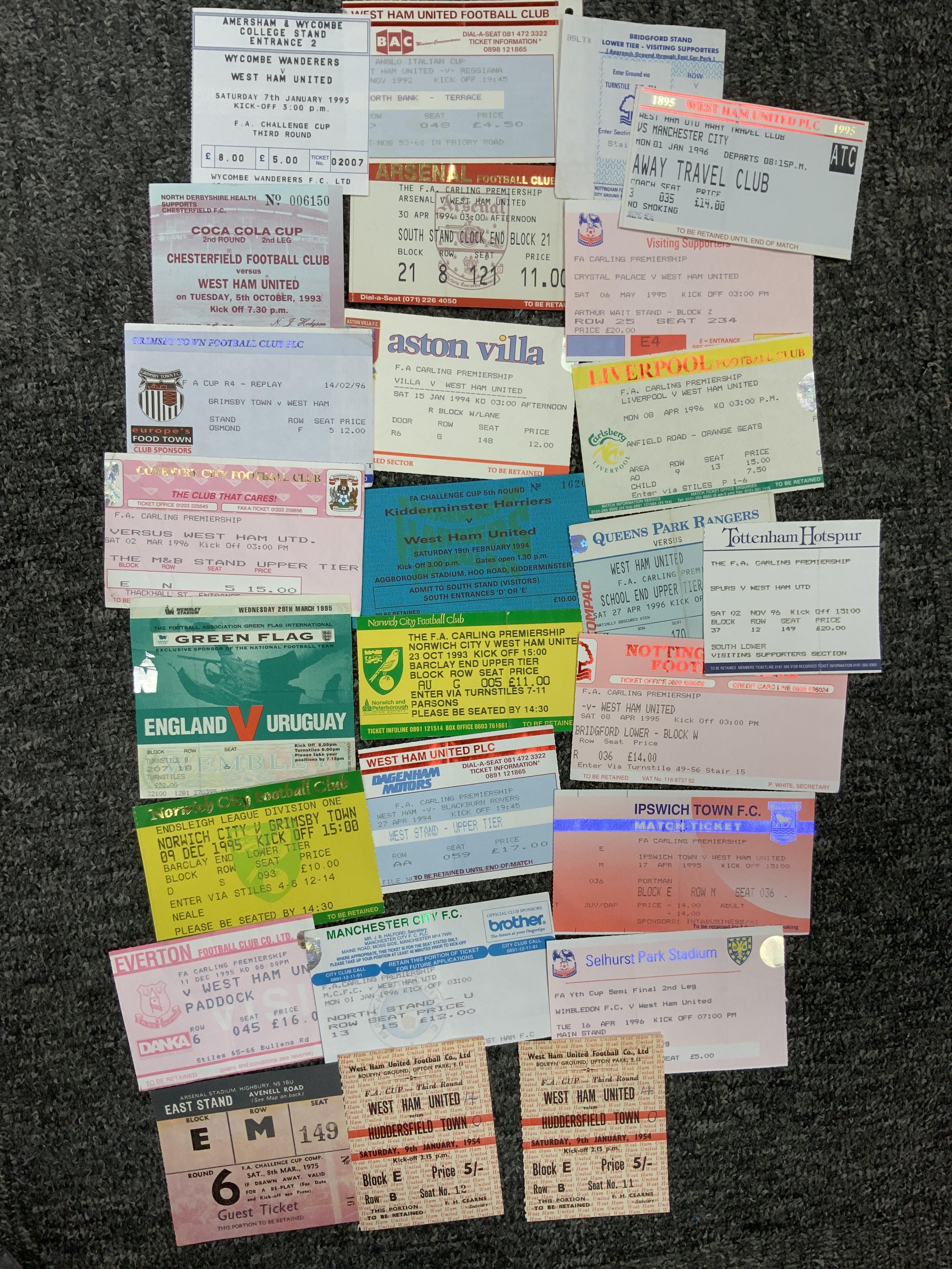 West Ham Football Tickets: Includes two 63/54 home v Huddersfield FA Cup both with score written. C/W 1975 FA Cup at Arsenal and some ,mainly away, tickets from the 90s. (27)