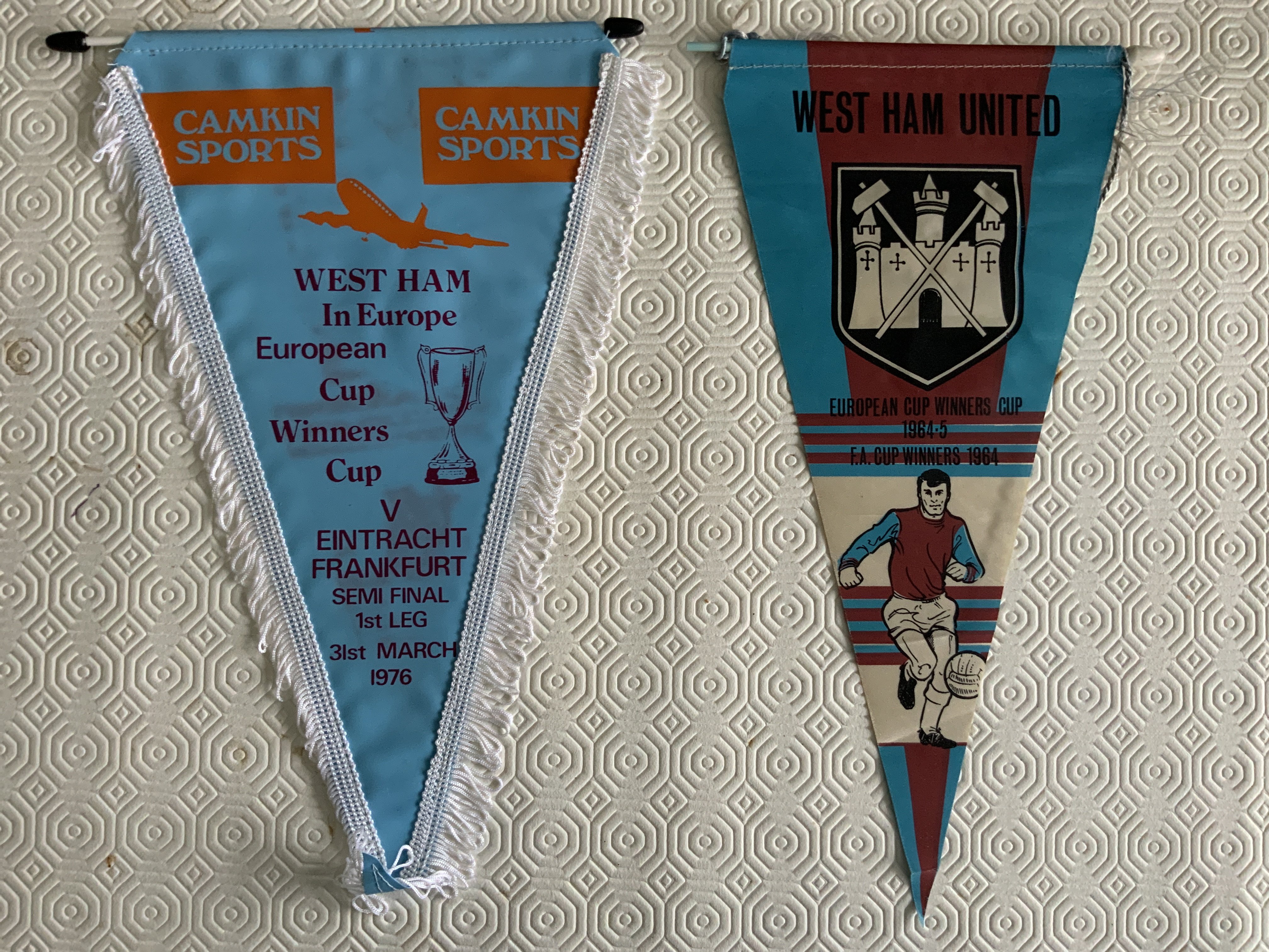 West Ham Football Pennants: Official away transport by Camkin for 1976 Eintracht Frankfurt ECWC semi final plus a 1960s one stating 1964 FA Cup and 1965 ECWC winners. (2)