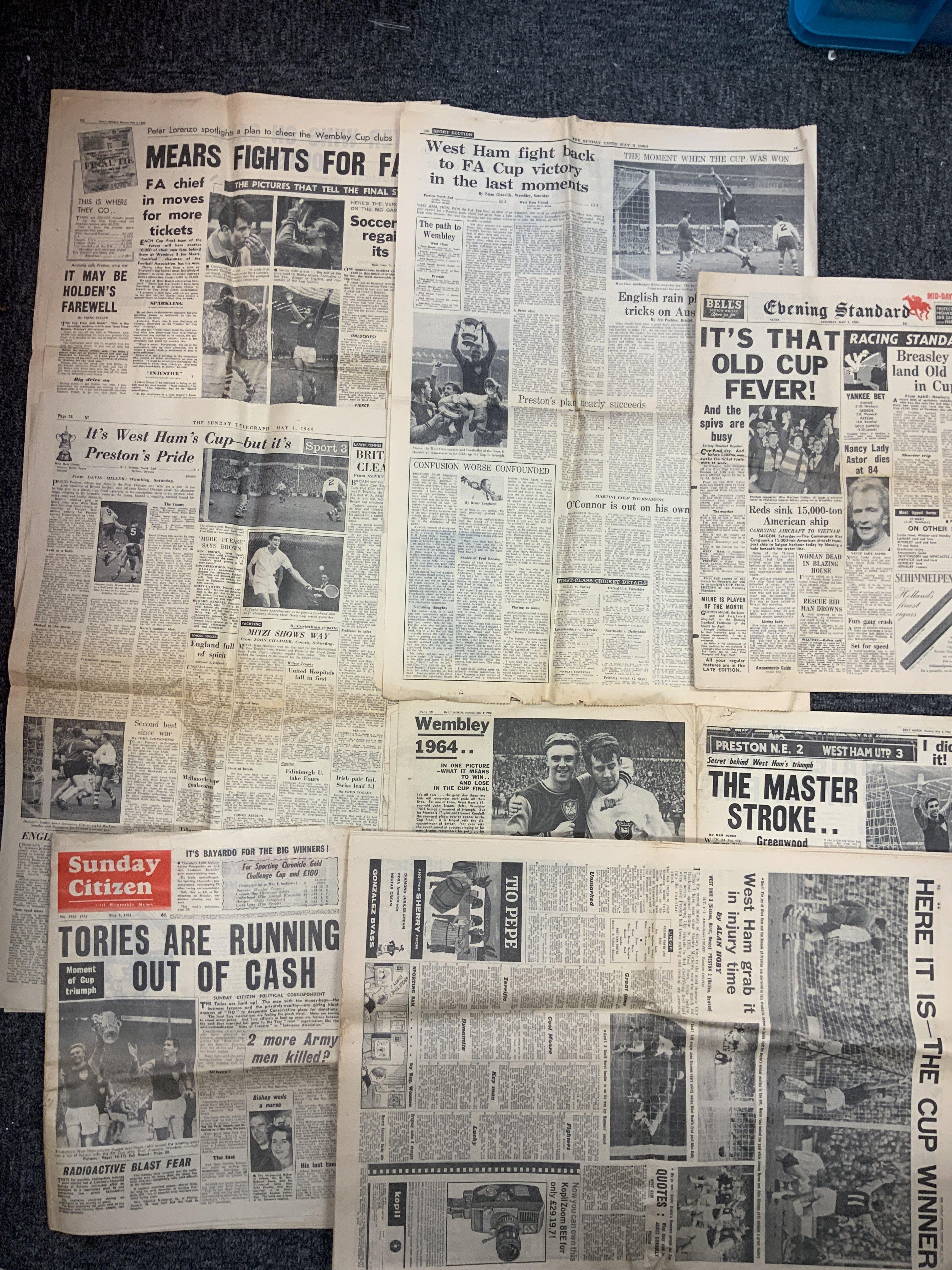 West Ham 1964 FA Cup Football Memorabilia: List of guests for the Hilton the evening of the match, 7 newspapers, 2 final programmes, ticket and song sheet.