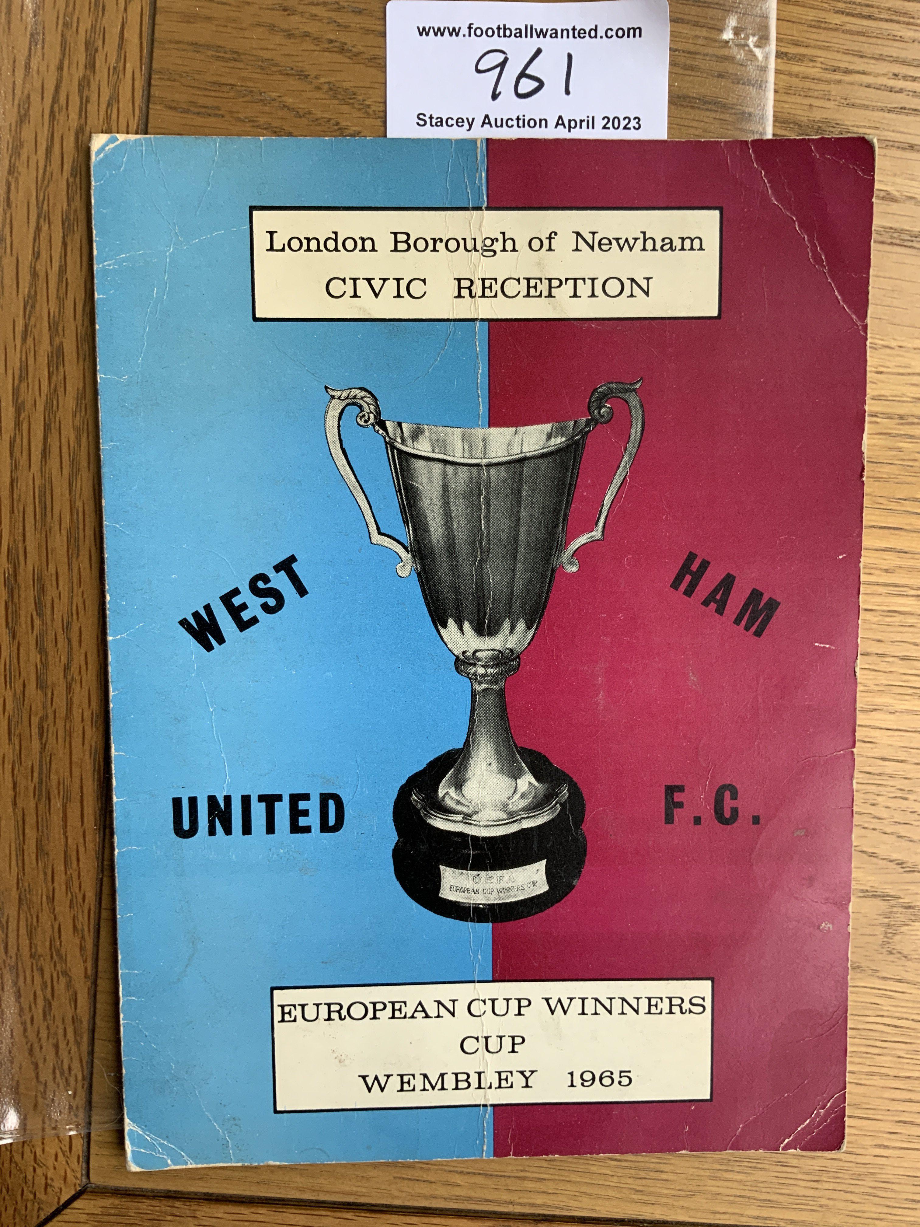 1965 ECWC West Ham Football Menu: Original menu with some creasing held by the London Borough of Newham.