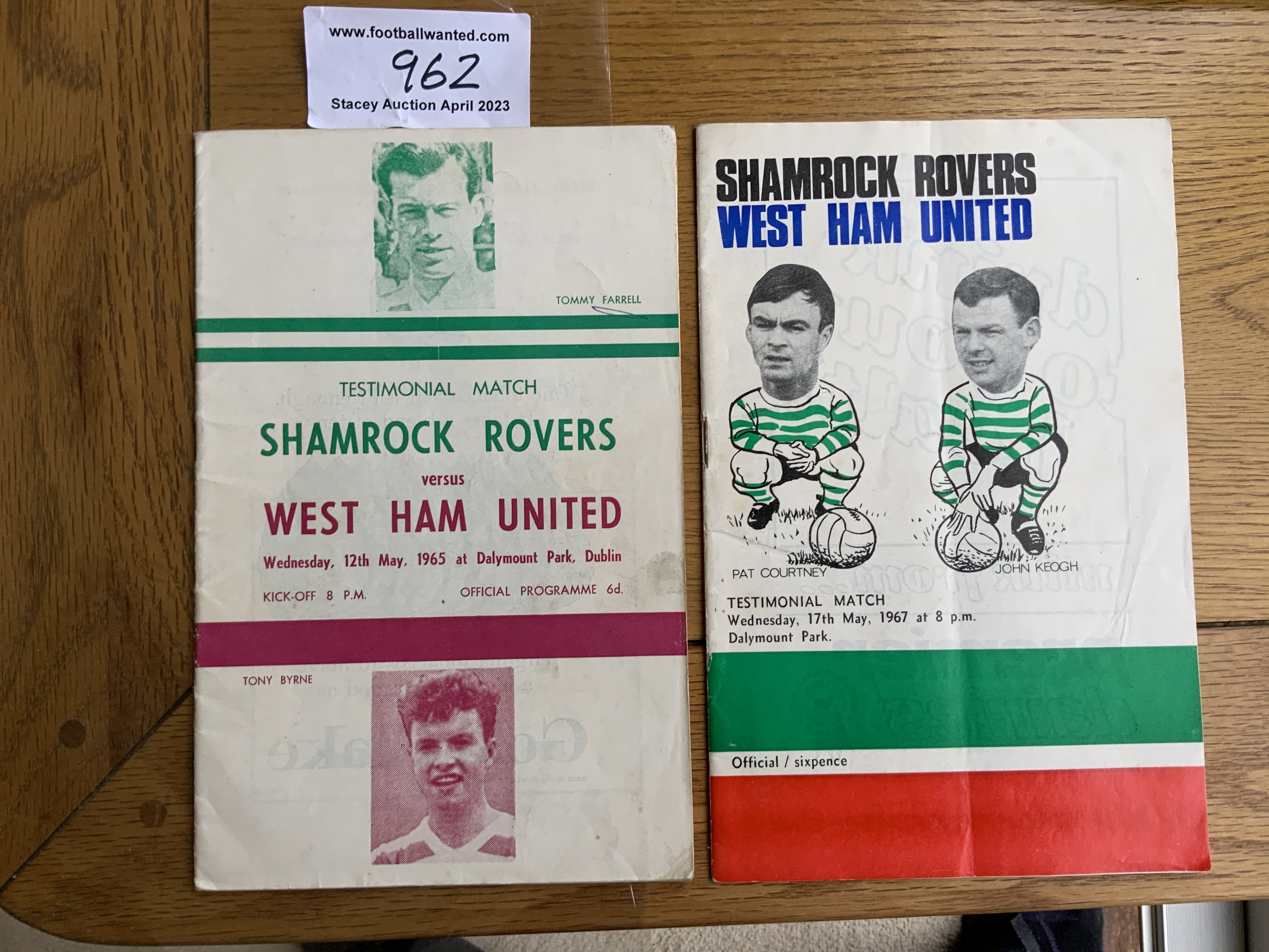 1960s Shamrock Rovers v West Ham Football Programmes: Testimonial matches for Byrne 1965 and Courtney/Keogh 1967. Excellent. (2)