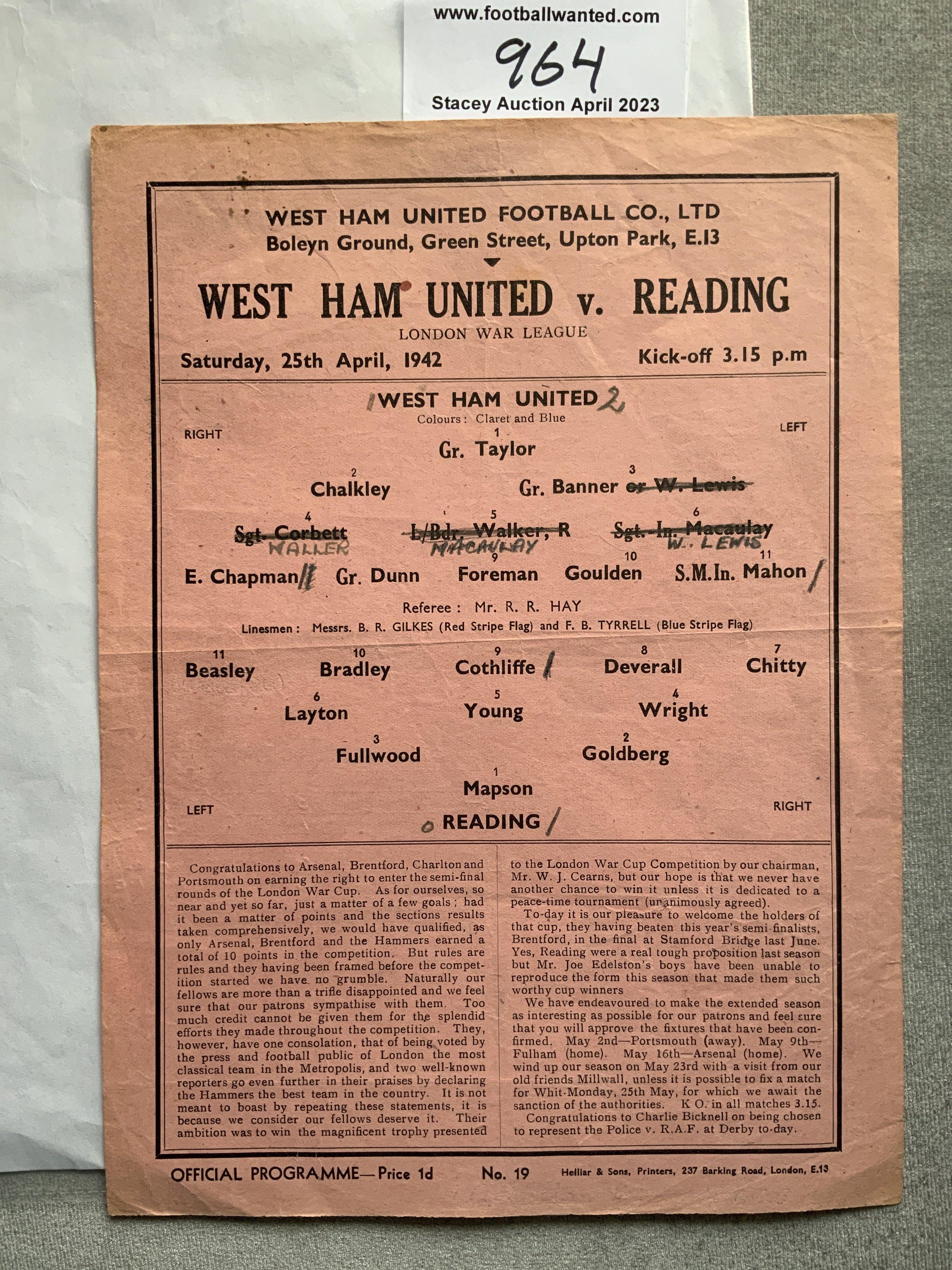 41/42 West Ham v Reading Football Programme: Single sheet league match dated 25 4 1942 in good condition with pencilled writing. C/W 45/46 West Ham v Portsmouth reserves programme and 30/31 ticket for West Ham Juniors v Birmingham J.O.C. at Upton Park. Very good. (3)