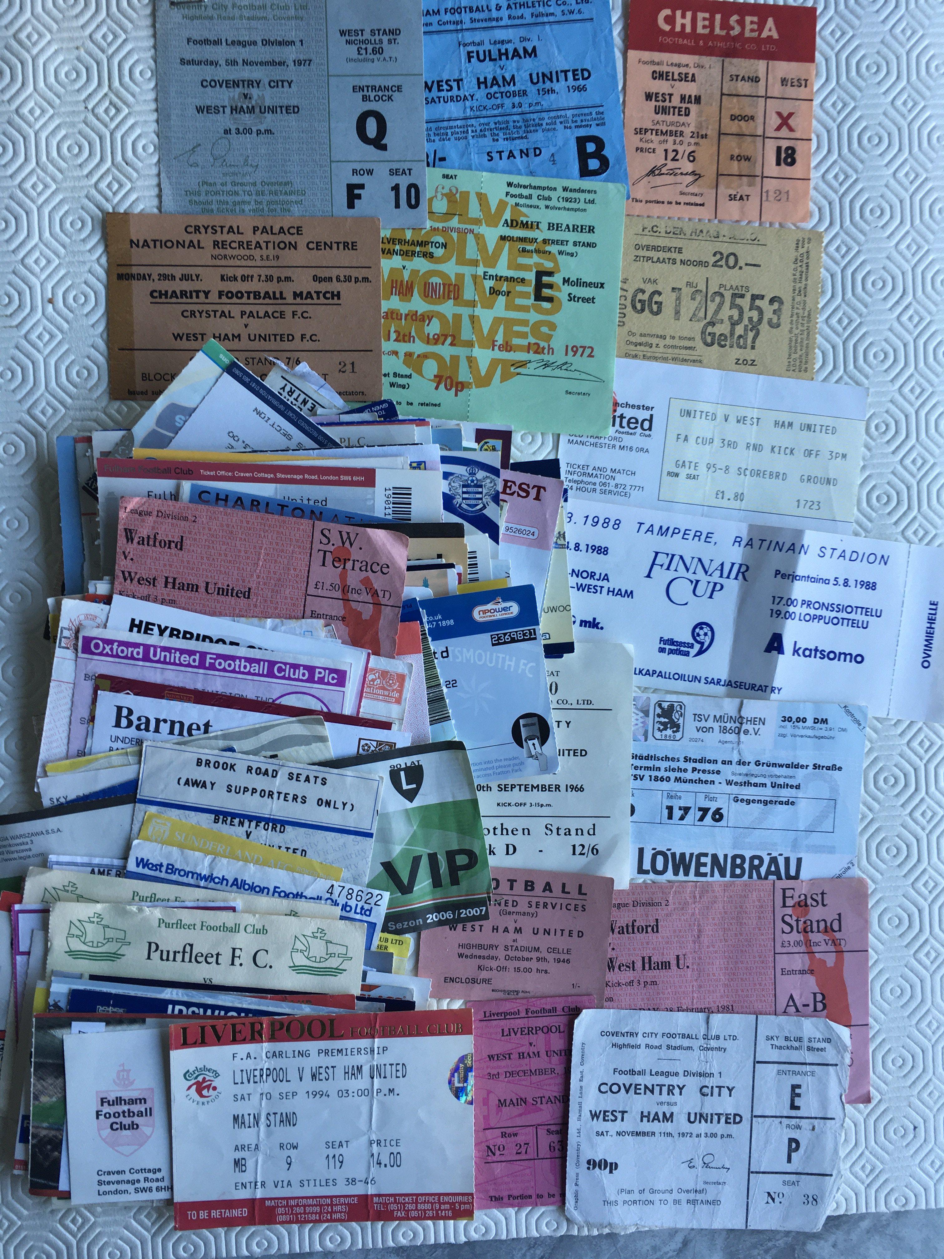 West Ham Away Football Tickets: Whilst there are plenty of 90s, there are also some from the 60s onwards including 68 Crystal Pace away friendly, 46 Combined Services in Germany and 66/67 Fulham. Mainly good. (133)