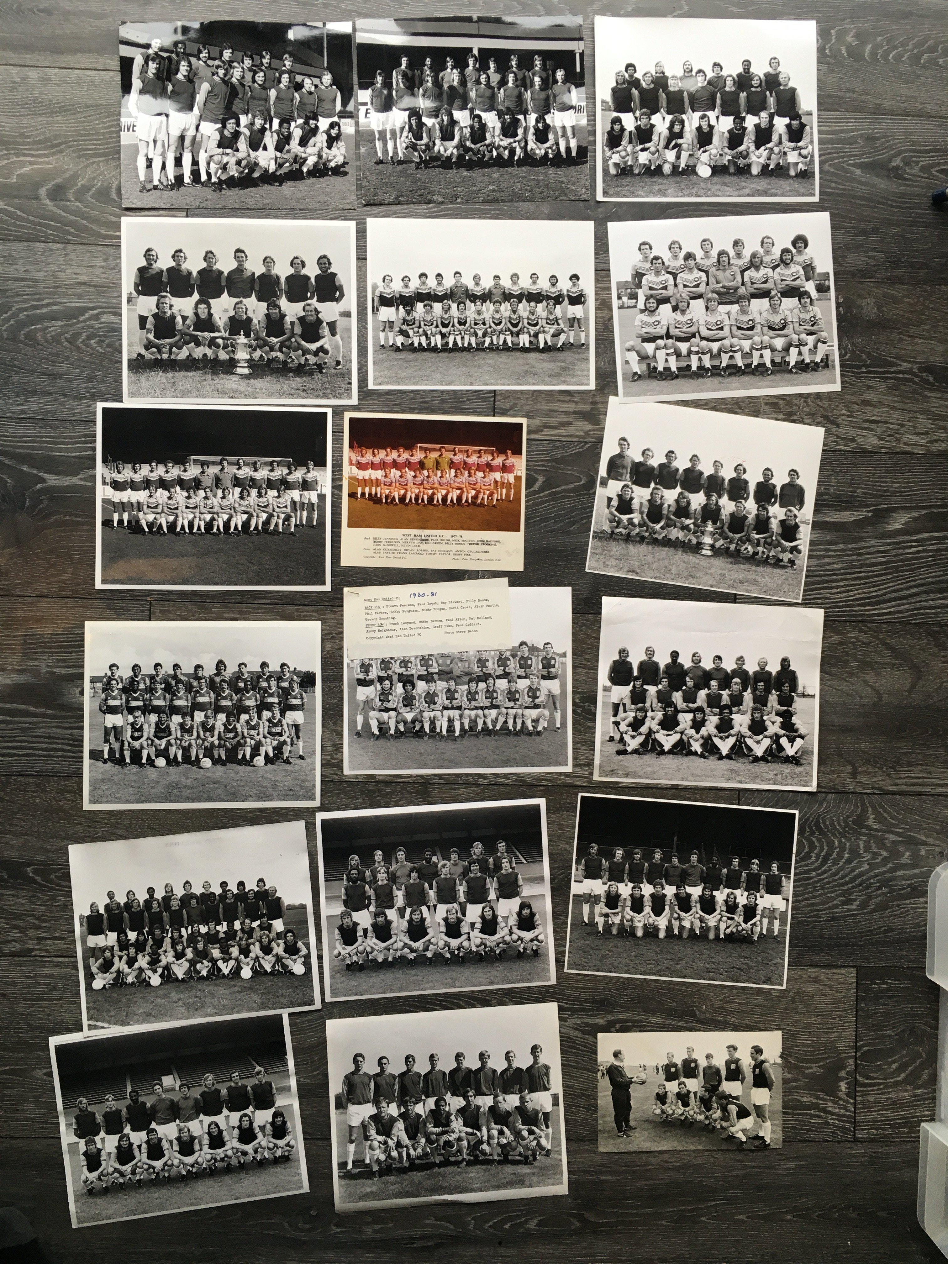 West Ham Team Group Football Press Photos: Black and white large team groups nearly all from the 70s. All are press photos with 6 having blank backs the rest stamps, annotations or both. C/W a lovely 1965 youth group with Greenwood, Brooking and Lampard. (18)