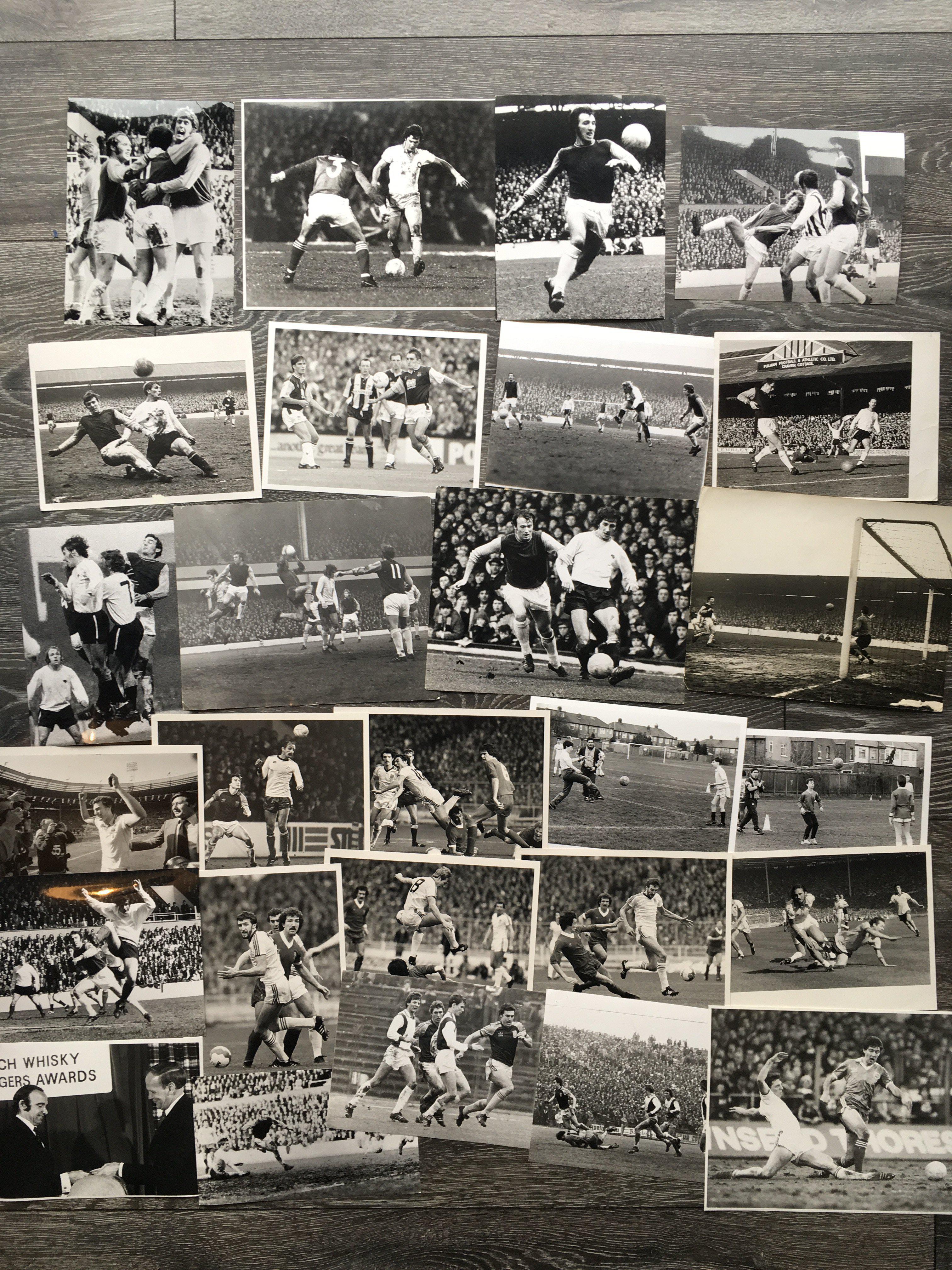 West Ham Football Press Photos: Black and white nearly all match action with press stamps. Often 70s and 80s with some earlier and later. Includes away to Timisoara 80/81 and Hurst scoring at Fulham. (27)
