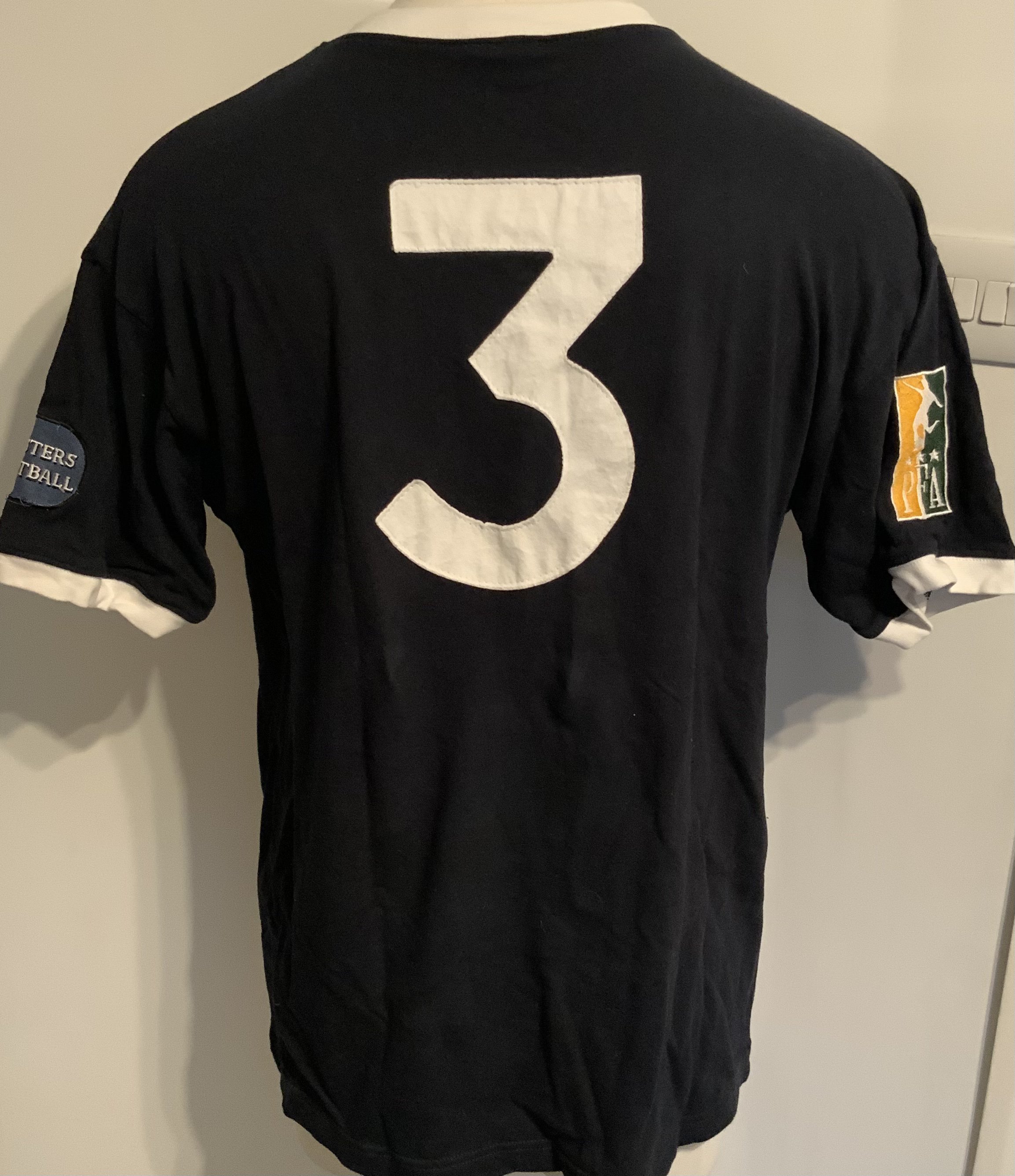 Scottish Masters Match Worn Football Shirt: Blue short sleeve with Masters Football and PFA badging to arms. Number 3 to rear. Worn by John Wark who swapped this with Jason Dozzell of England.
