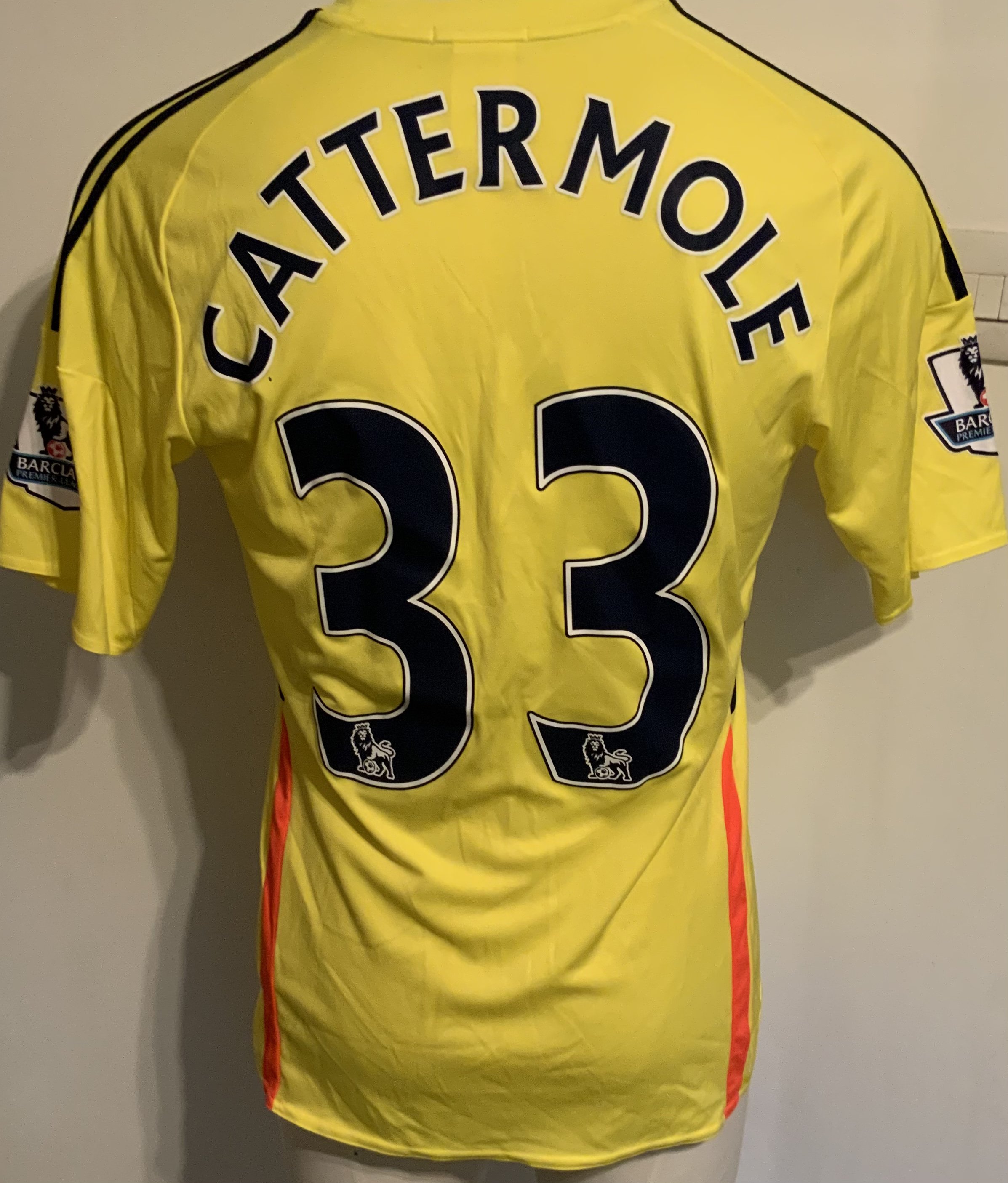 Sunderland 2013 - 2014 Match Worn Football Shirt: Yellow short sleeve with Premiership badging to arms. Number 33 Catermole to rear.