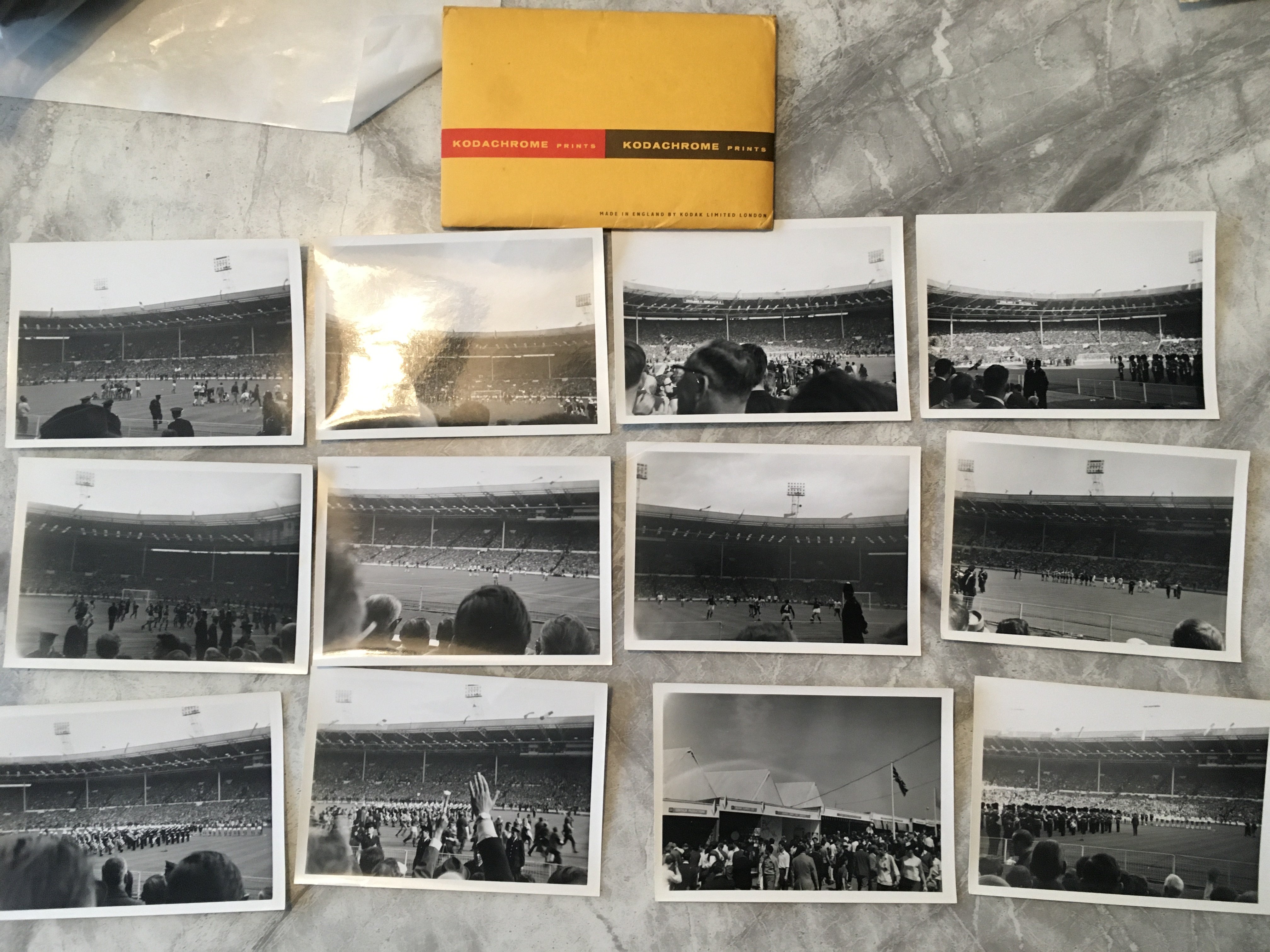 1966 Football World Cup Privately Taken Photos: Black and white 5 x 3.5 inch photos taken at Wembley mainly of the England matches v Portugal and Germany. C/W original Kodak envelope. (12)
