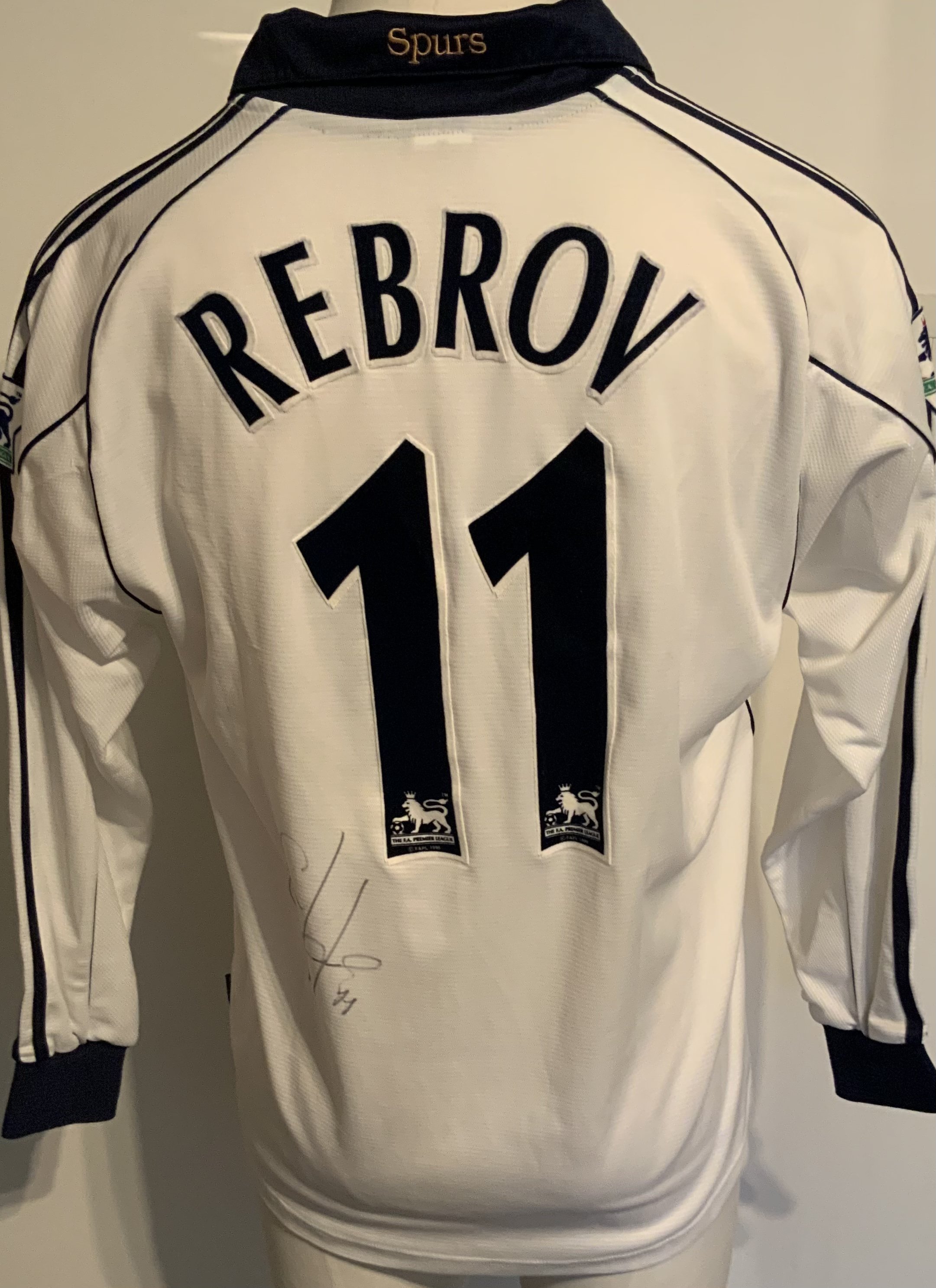 Tottenham 2000 - 2001 Match Worn Football Shirt: White long sleeve with Premiership badging to arms and number 11 Rebrov to rear where Rebrov has signed.