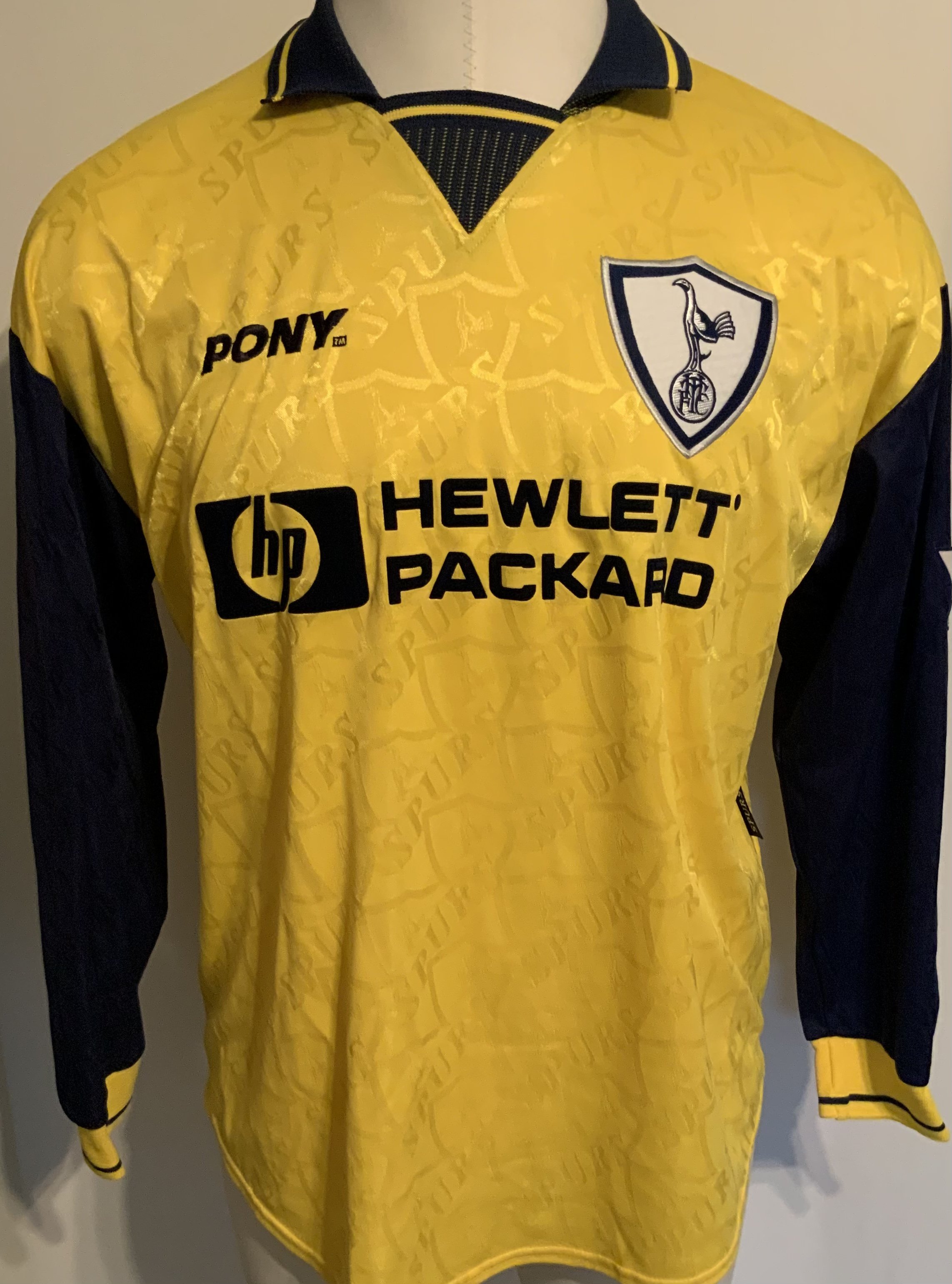 Tottenham 1996 - 1997 Match Worn Football Shirt: Yellow long sleeve with Premiership badging to arms and number 12 Dozzell to rear.