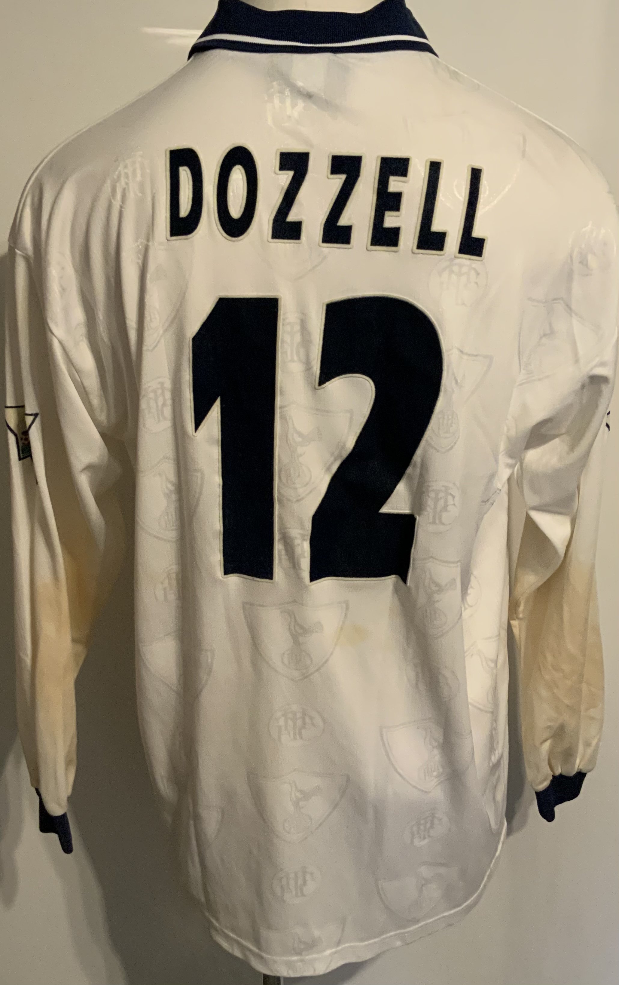 Tottenham 1996 - 1997 Match Worn Football Shirt: White long sleeve with Premiership badging to arms and number 12 Dozzell to rear. Unwashed.