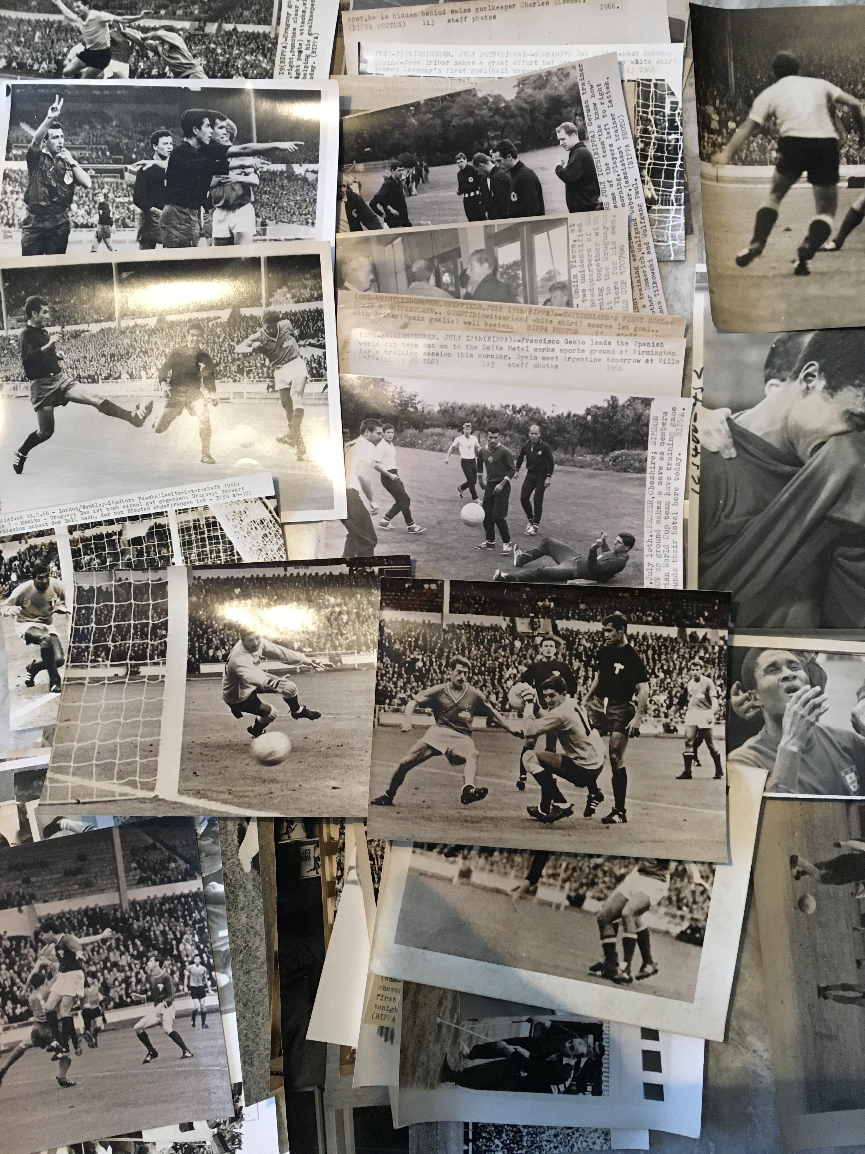 1966 World Cup Football Press Photos: Black and white various size photos although mainly large. Most have press stamps and annotations and the few without are wired photos with annotations to the front. Often match action or training not involving a England. (95)
