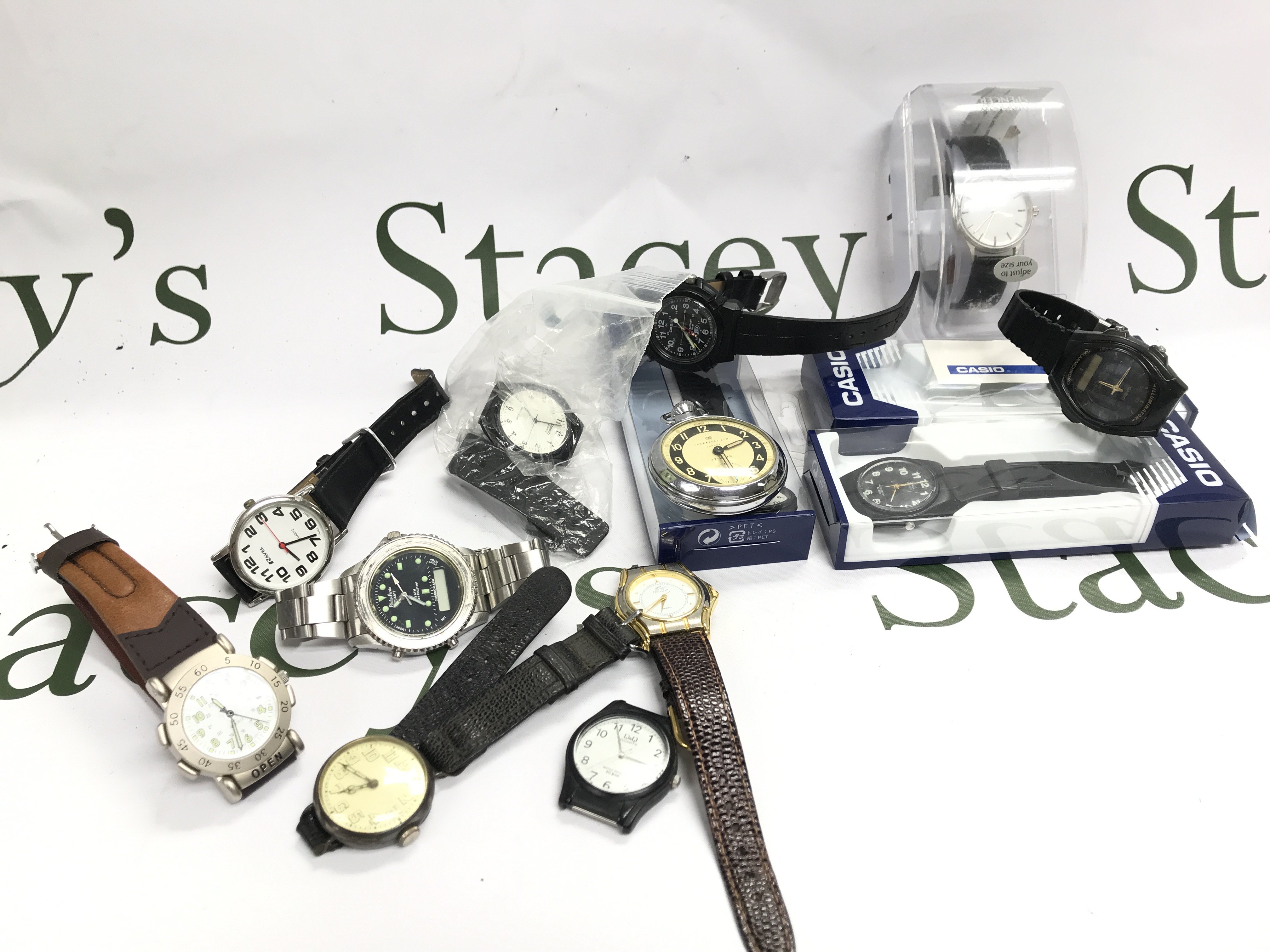 A Collection of watches including Phillip Persio, Ravel, Steltman, Casio, a silver hallmarked cased vintage watch etc. postage category b