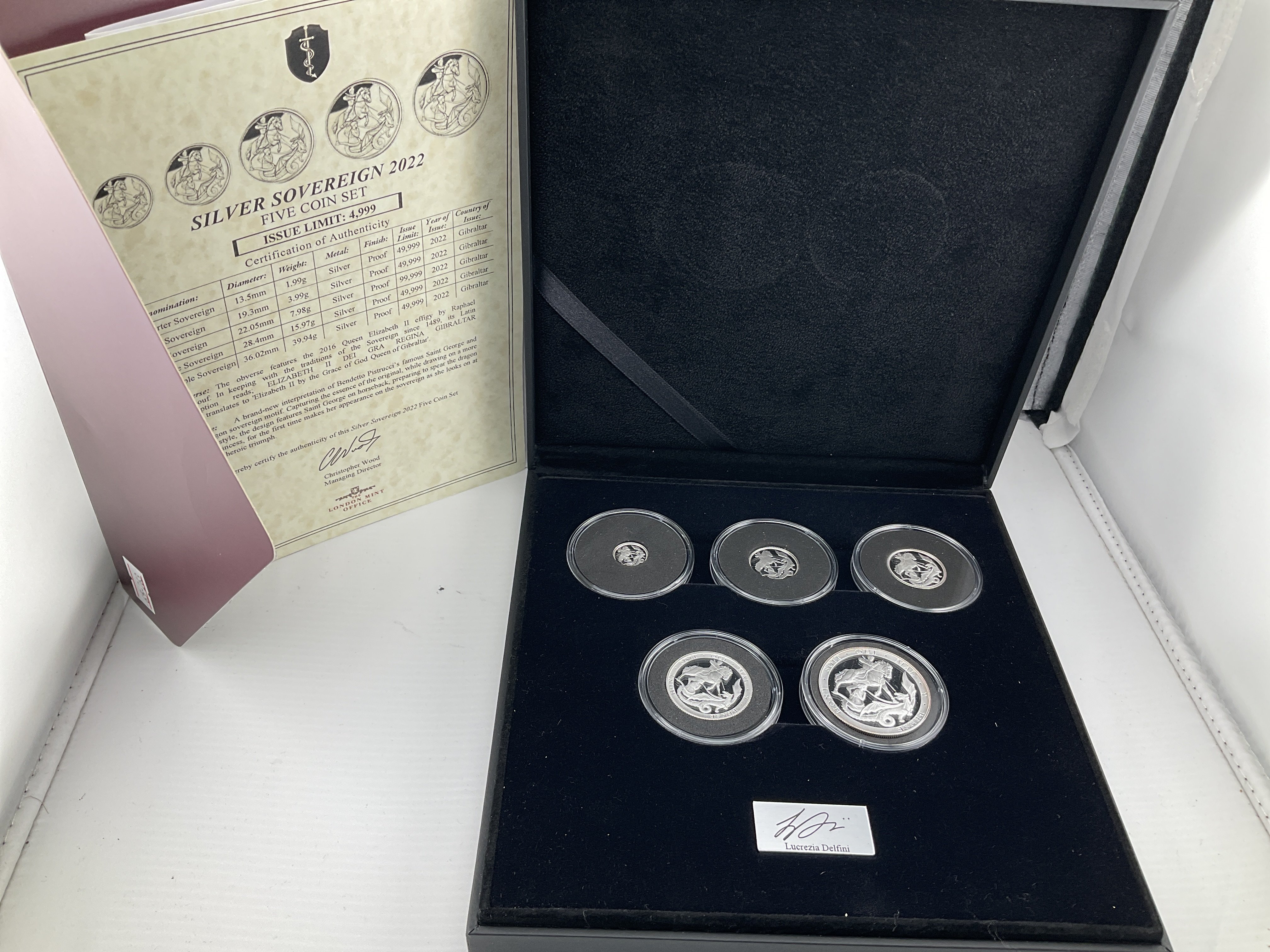 A proof 2022 silver 5 coin sovereign set with certificates. Postage category B.