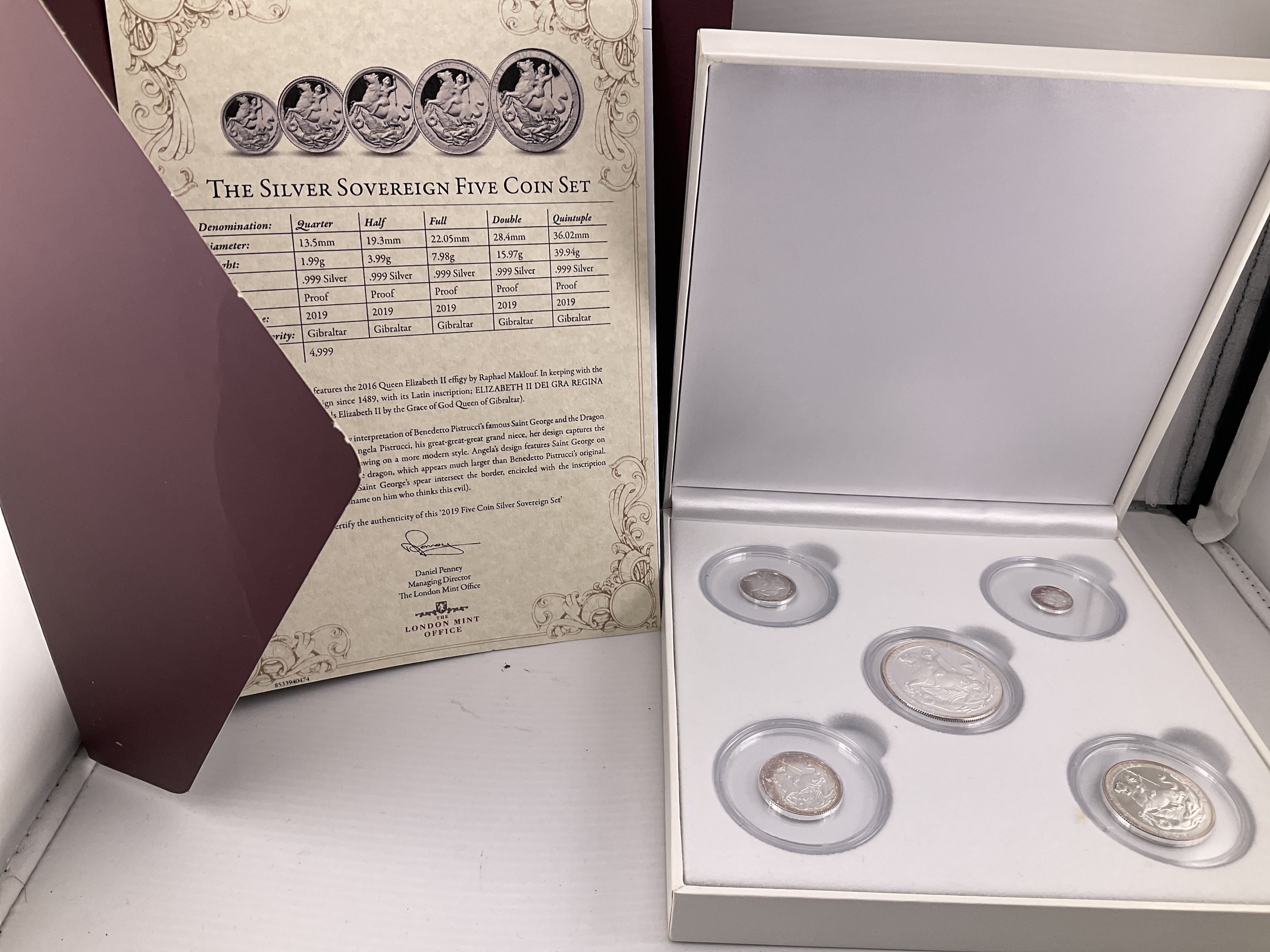 A proof 2019 silver 5 coin sovereign set with certificate. Postage category B.