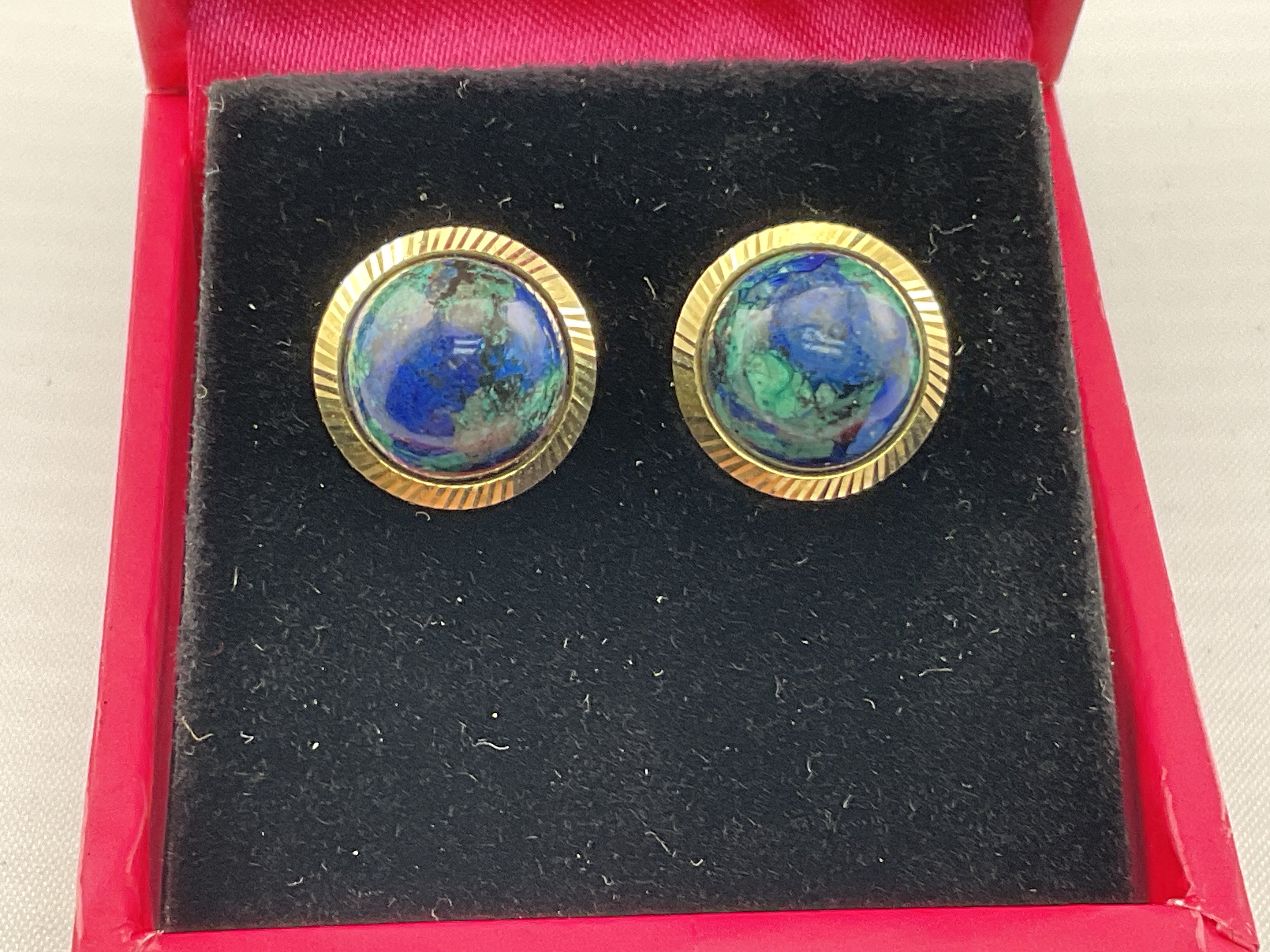 A pair of 9ct yellow gold earrings with lapis lazuli Postage category A.