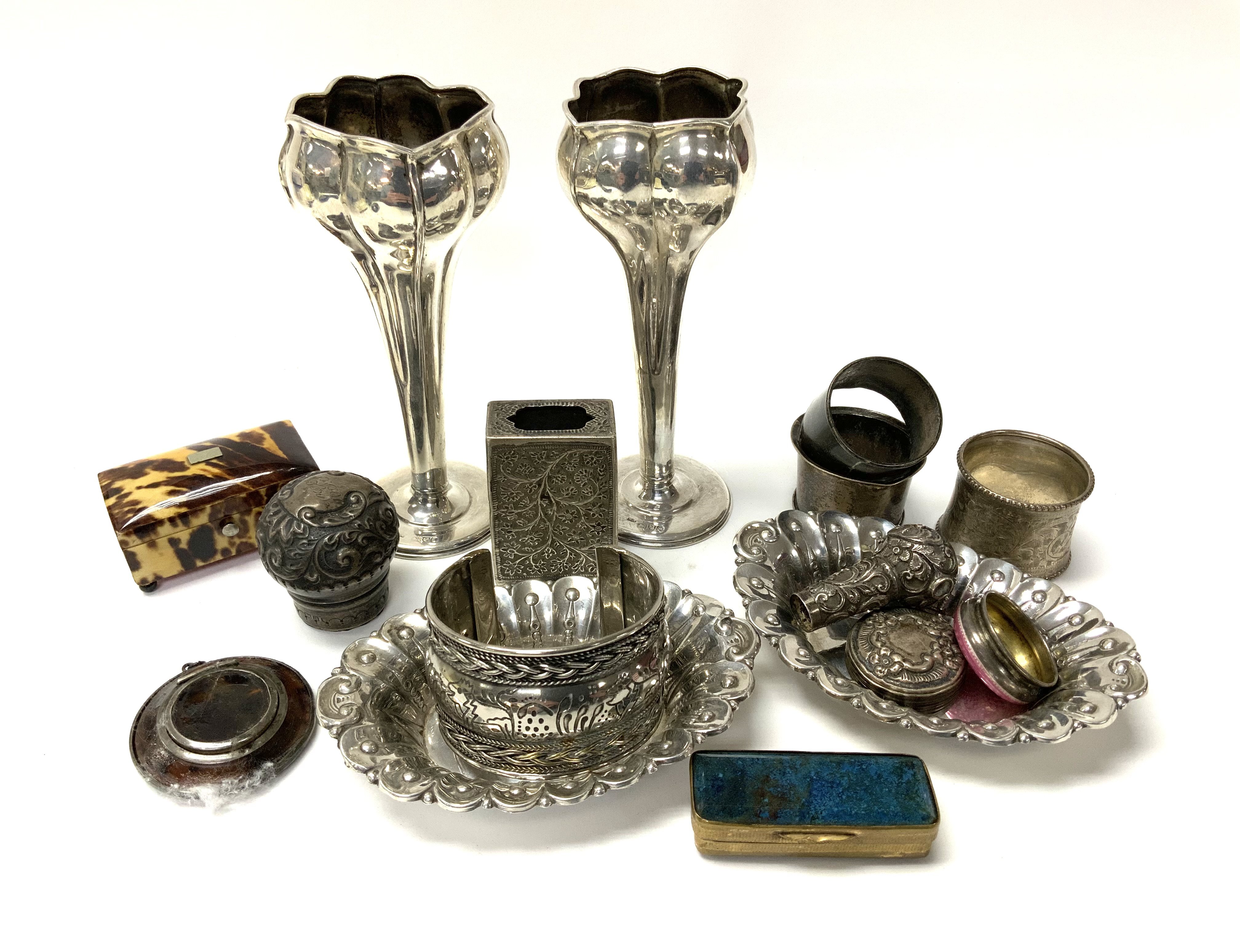 A collection of hallmarked silver articles including 2 small pill boxes. (D)
