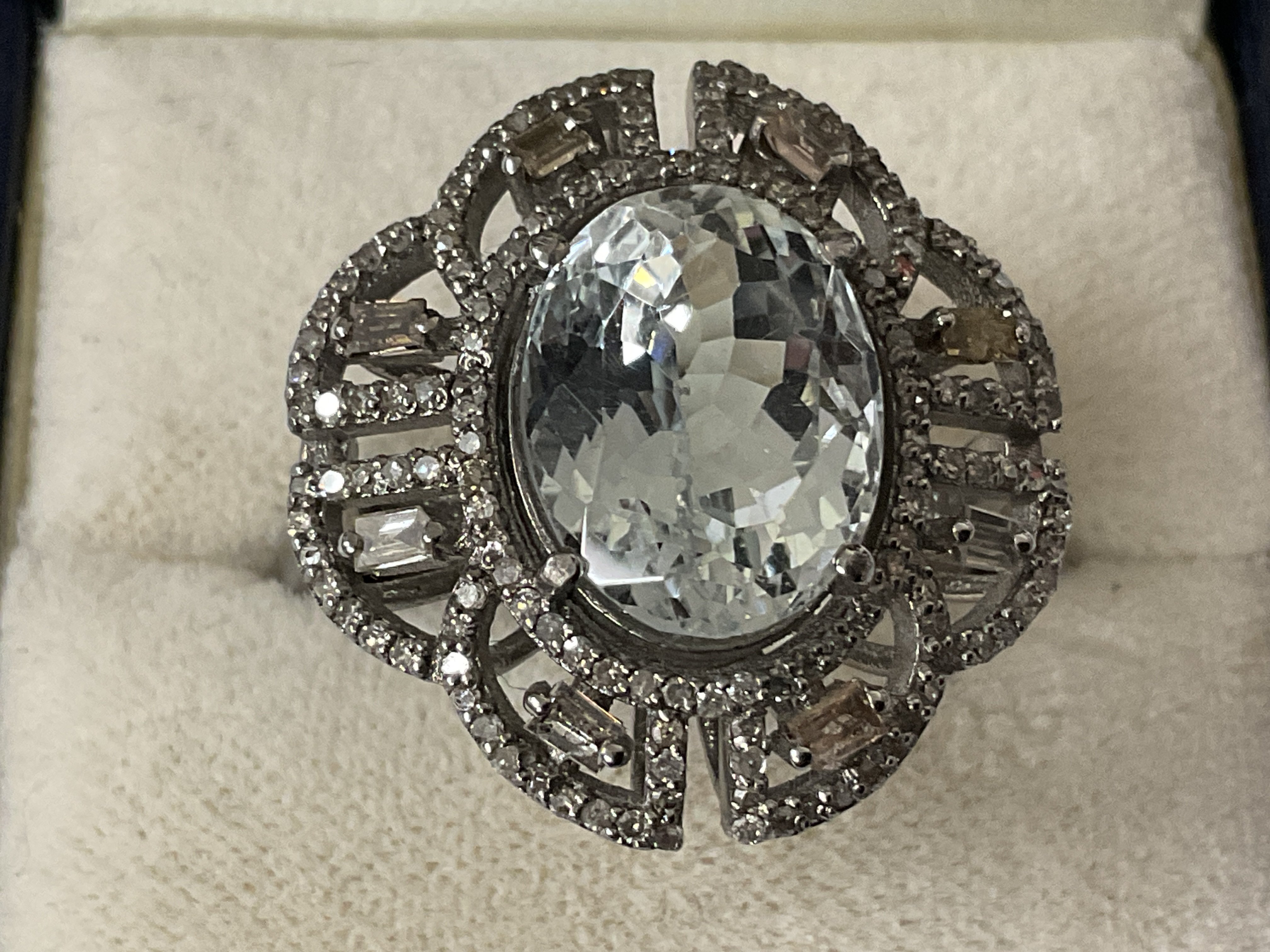 Ornate dress ring in silver, set with an oval aquamarine surrounded by baguette and R/C diamonds in a filigree mount, boxed. Aquamarine 7.60ct. Diamonds 0.69ct. Ring size approx Q/R. Postage category A.